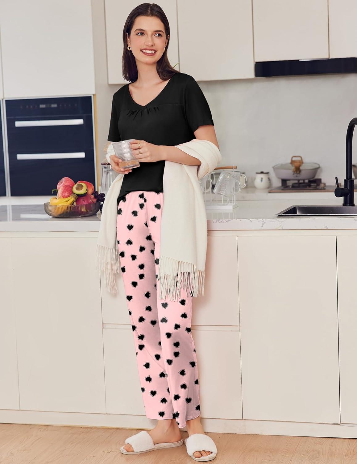 imageEkouaer Pajama Sets for Women 2 Pack Short Sleeve with Long Pant Pjs Sleepwear Comfy Lounge Sets with PocketsBlack PinkGreen Blue