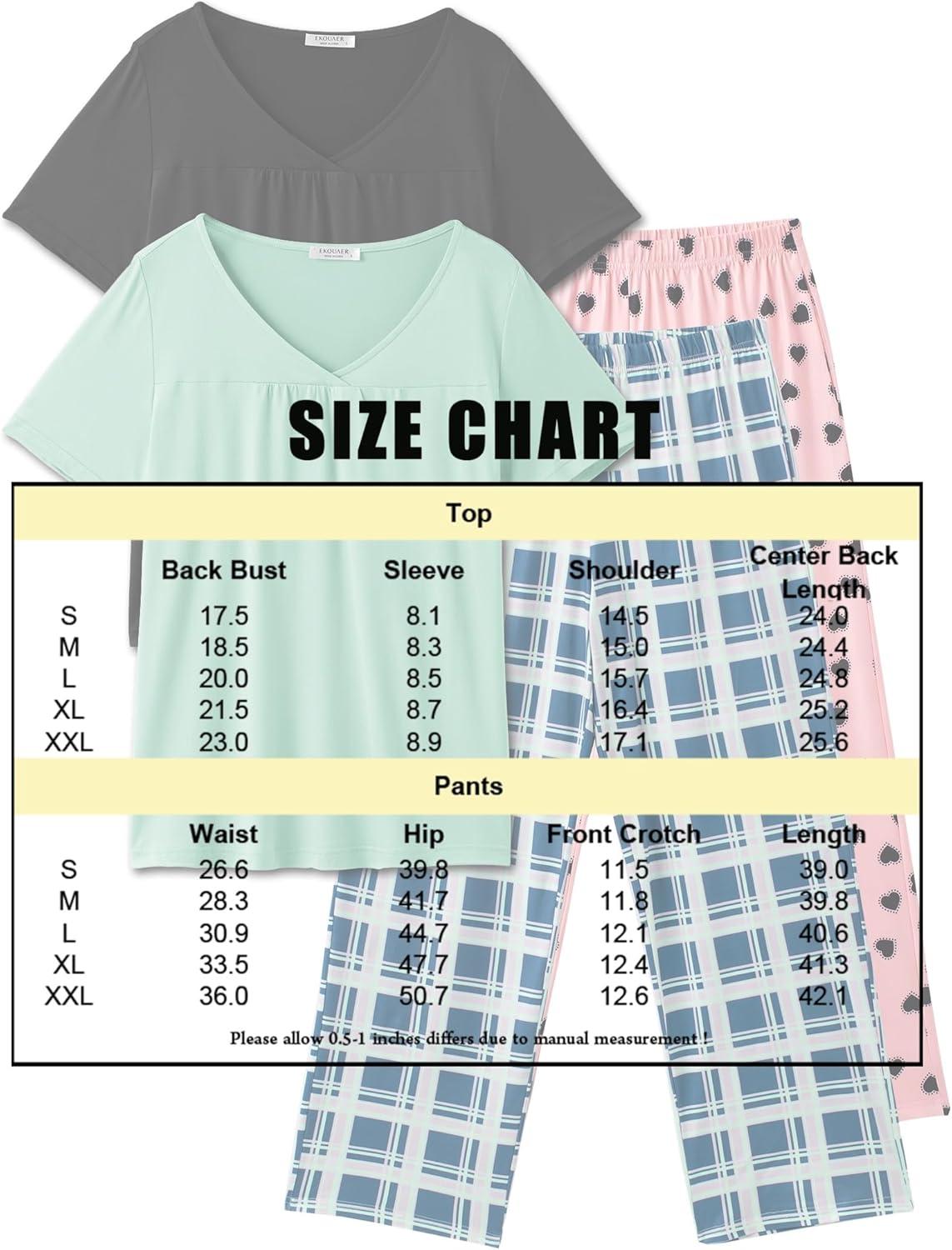 imageEkouaer Pajama Sets for Women 2 Pack Short Sleeve with Long Pant Pjs Sleepwear Comfy Lounge Sets with PocketsBlack PinkGreen Blue