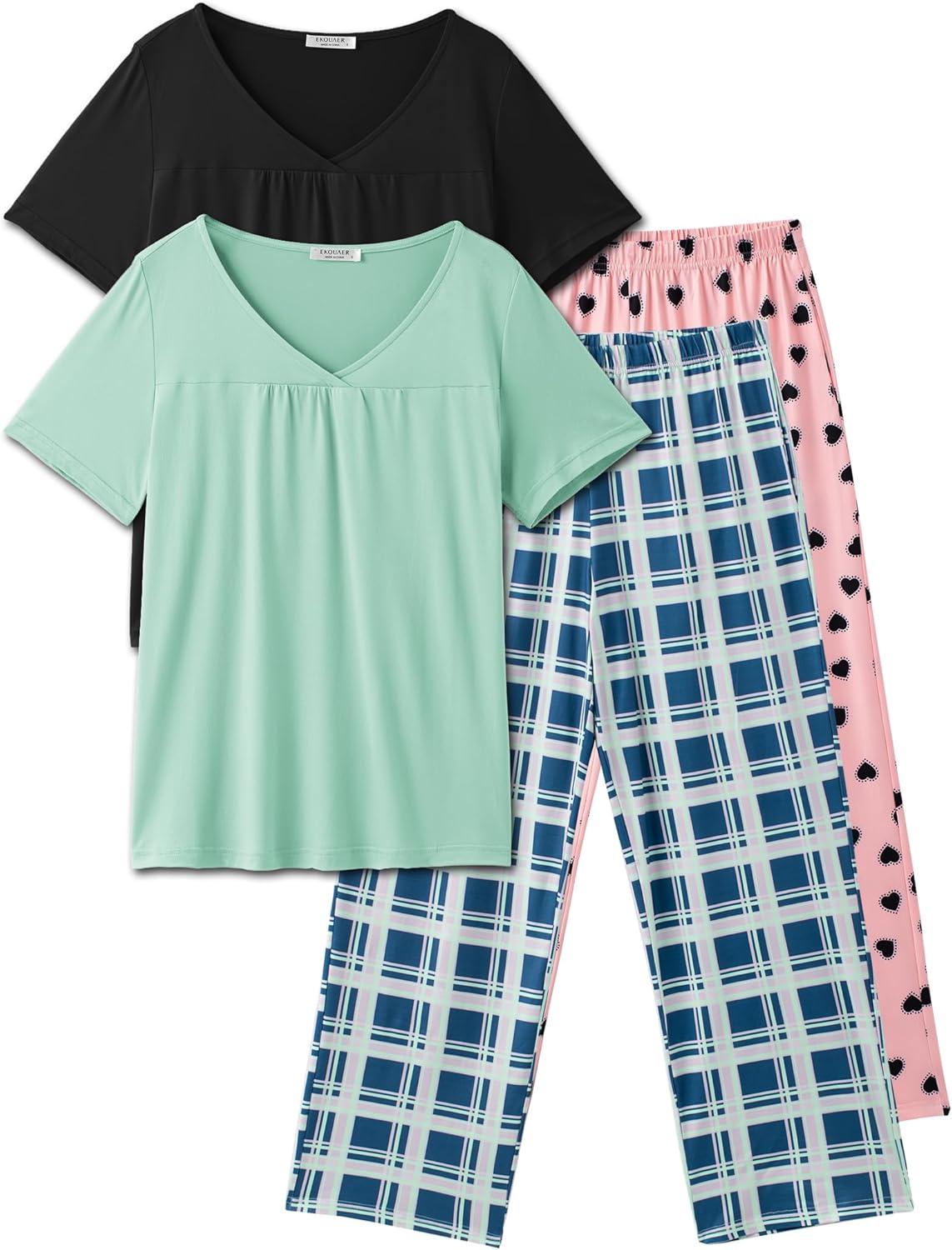 imageEkouaer Pajama Sets for Women 2 Pack Short Sleeve with Long Pant Pjs Sleepwear Comfy Lounge Sets with PocketsBlack PinkGreen Blue