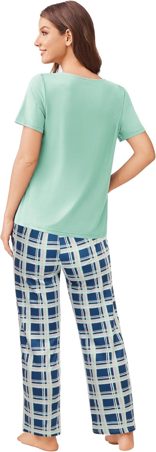 imageEkouaer Pajama Sets for Women 2 Pack Short Sleeve with Long Pant Pjs Sleepwear Comfy Lounge Sets with PocketsBlack PinkGreen Blue