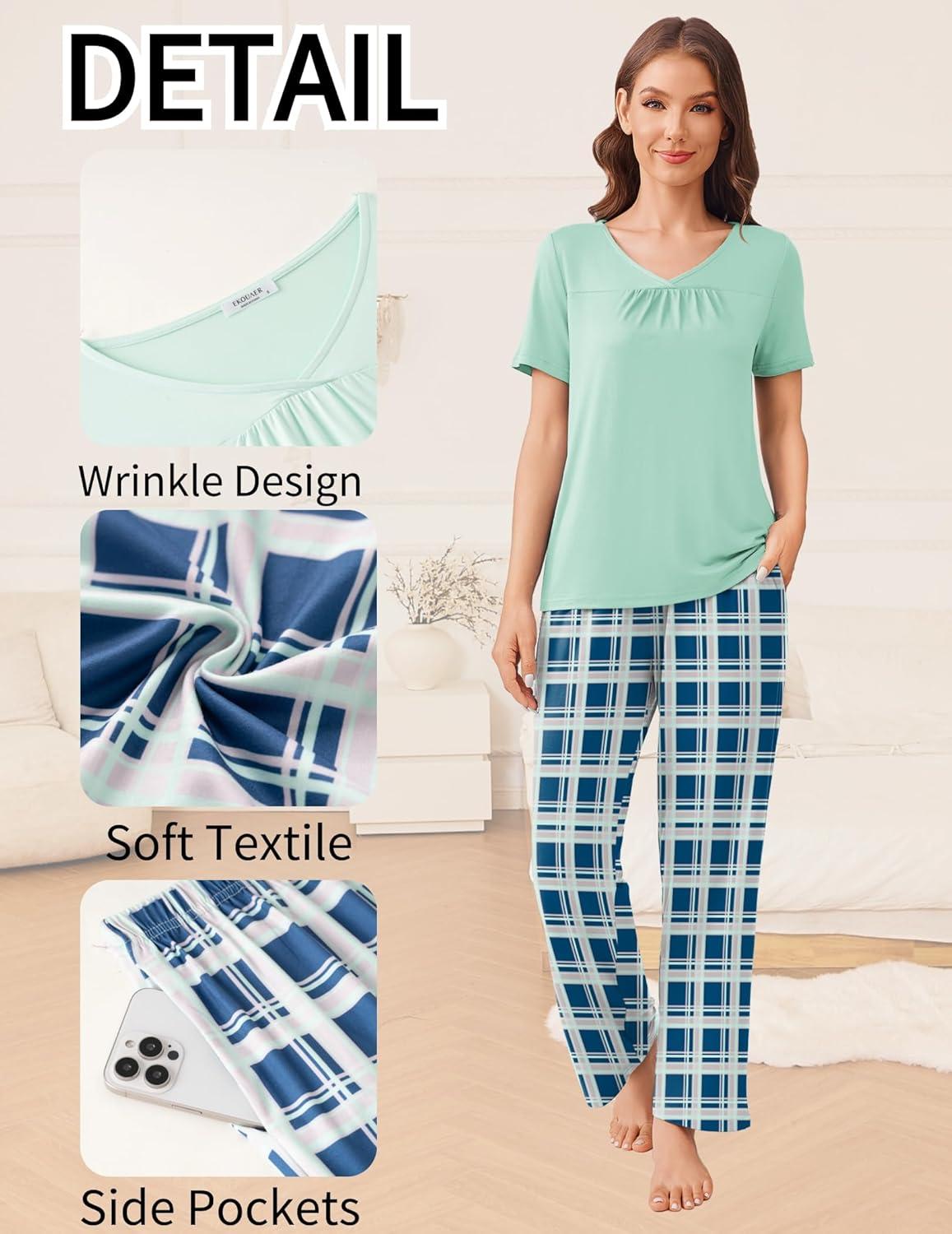 imageEkouaer Pajama Sets for Women 2 Pack Short Sleeve with Long Pant Pjs Sleepwear Comfy Lounge Sets with PocketsBlack PinkGreen Blue