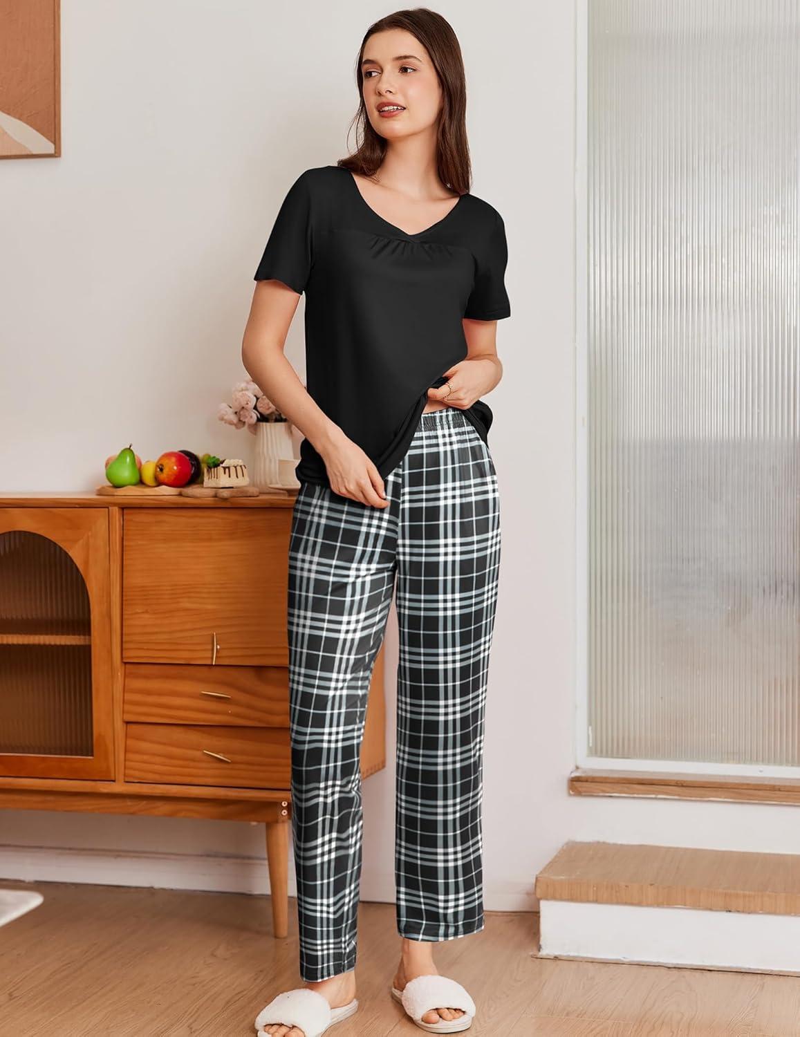 imageEkouaer Pajama Sets for Women 2 Pack Short Sleeve with Long Pant Pjs Sleepwear Comfy Lounge Sets with PocketsBlack PlaidRose Pliad