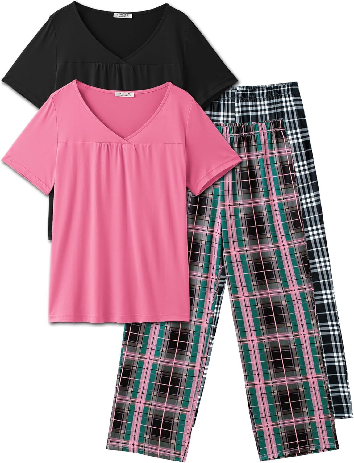 imageEkouaer Pajama Sets for Women 2 Pack Short Sleeve with Long Pant Pjs Sleepwear Comfy Lounge Sets with PocketsBlack PlaidRose Pliad