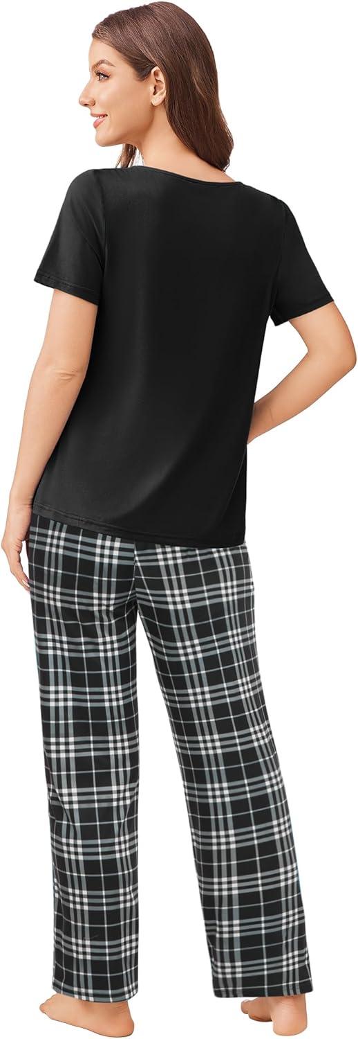 imageEkouaer Pajama Sets for Women 2 Pack Short Sleeve with Long Pant Pjs Sleepwear Comfy Lounge Sets with PocketsBlack PlaidRose Pliad