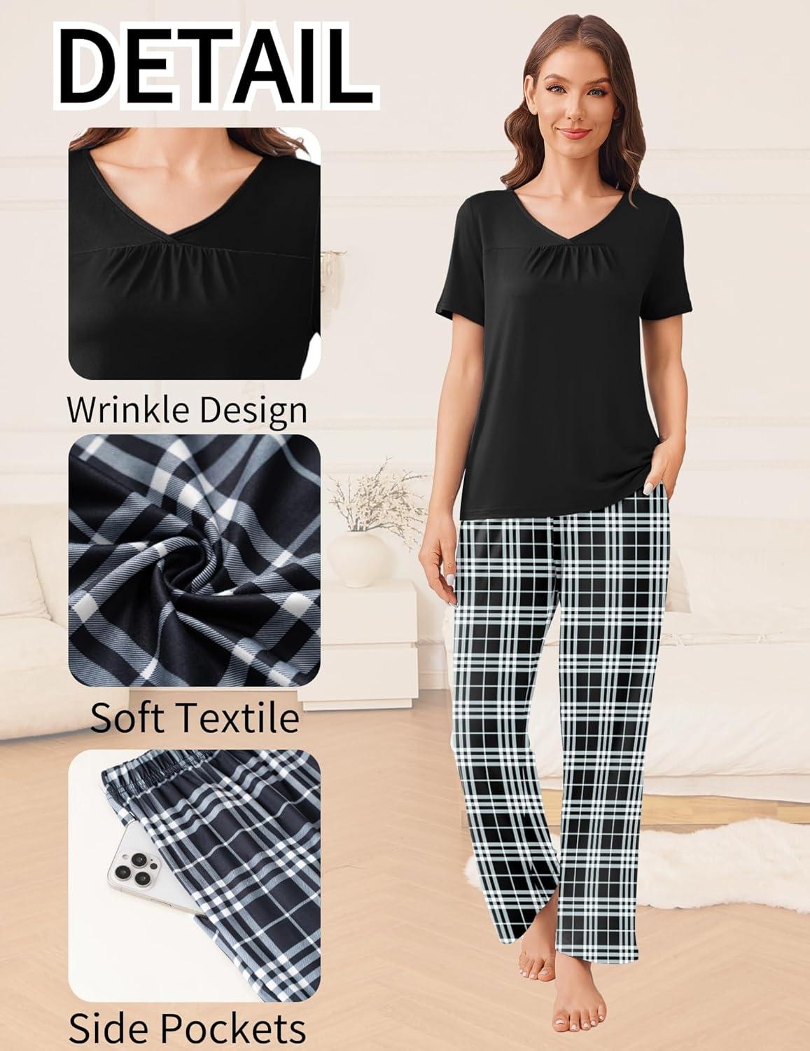 imageEkouaer Pajama Sets for Women 2 Pack Short Sleeve with Long Pant Pjs Sleepwear Comfy Lounge Sets with PocketsBlack PlaidRose Pliad