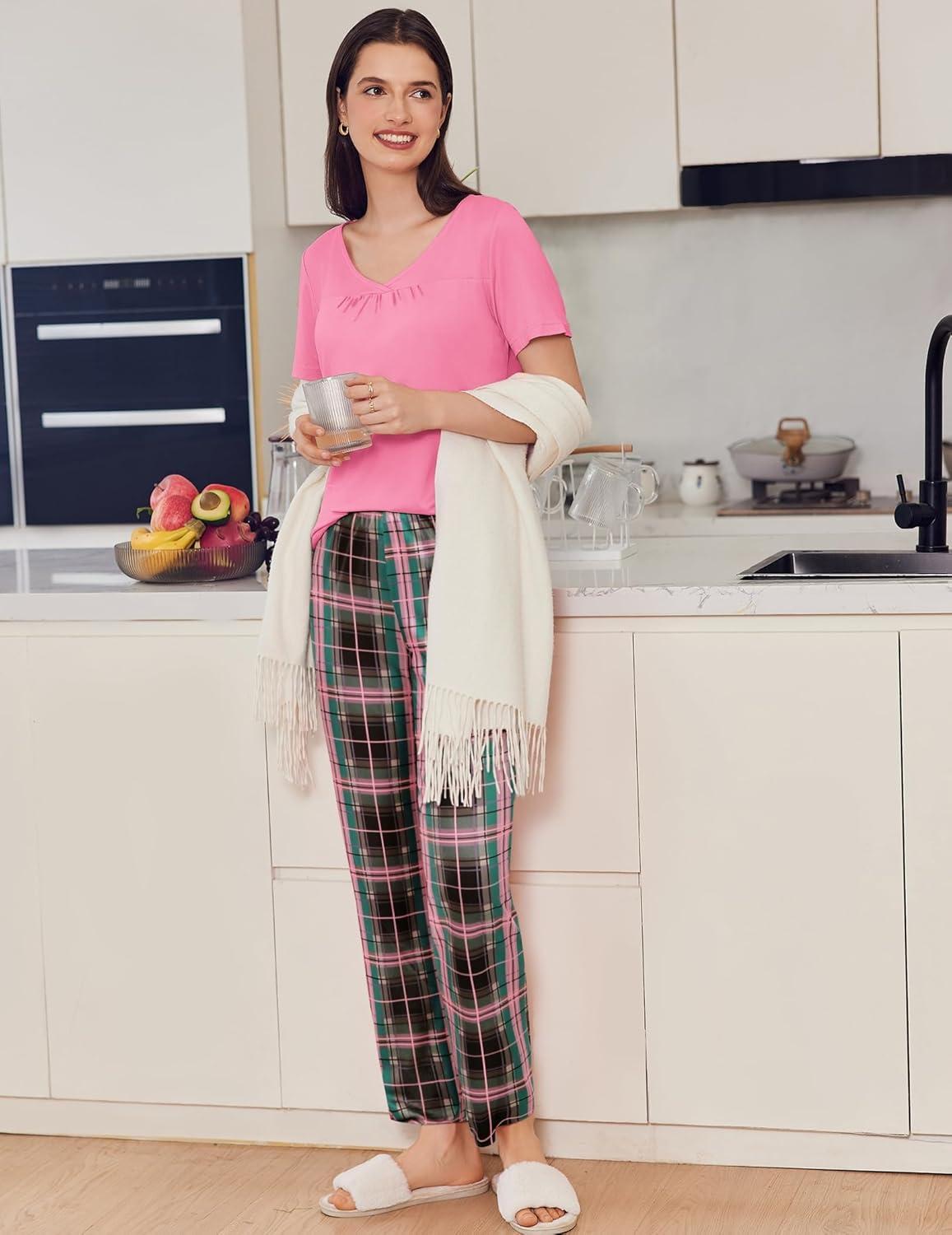 imageEkouaer Pajama Sets for Women 2 Pack Short Sleeve with Long Pant Pjs Sleepwear Comfy Lounge Sets with PocketsBlack PlaidRose Pliad