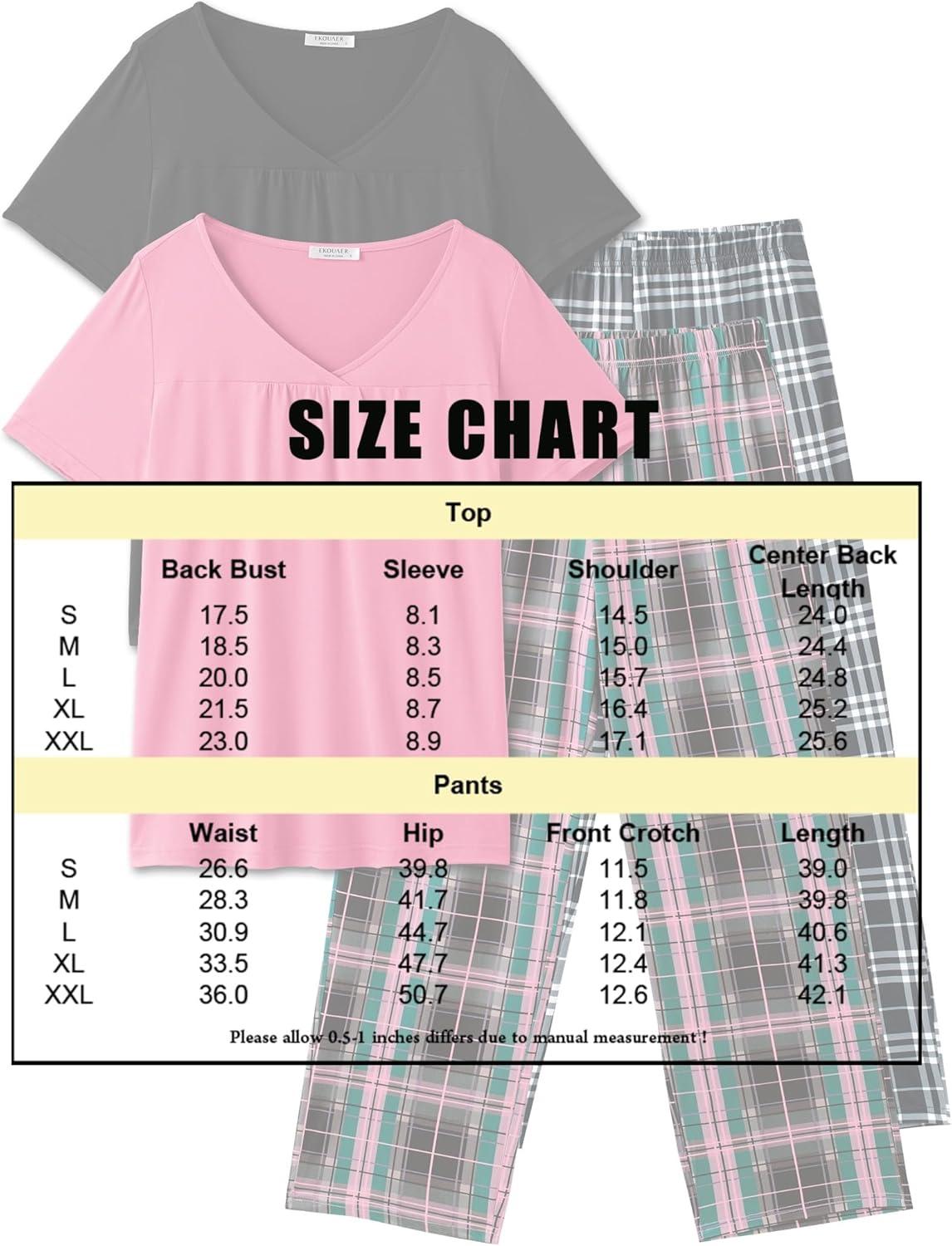 imageEkouaer Pajama Sets for Women 2 Pack Short Sleeve with Long Pant Pjs Sleepwear Comfy Lounge Sets with PocketsBlack PlaidRose Pliad