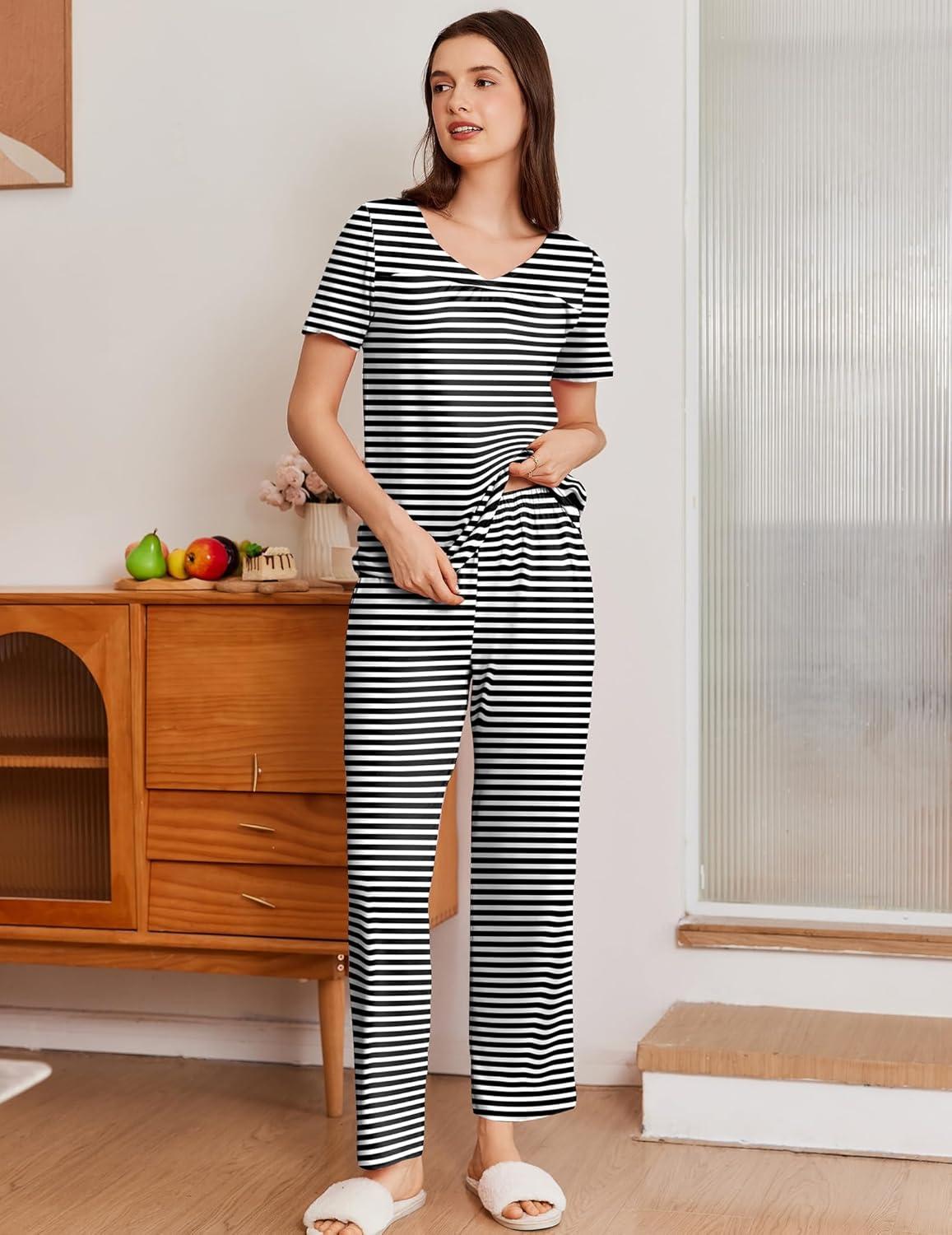 imageEkouaer Pajama Sets for Women 2 Pack Short Sleeve with Long Pant Pjs Sleepwear Comfy Lounge Sets with PocketsBlack StripedBrown Leopard