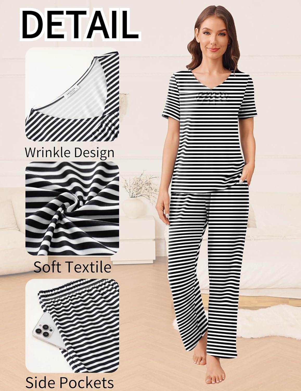 imageEkouaer Pajama Sets for Women 2 Pack Short Sleeve with Long Pant Pjs Sleepwear Comfy Lounge Sets with PocketsBlack StripedBrown Leopard