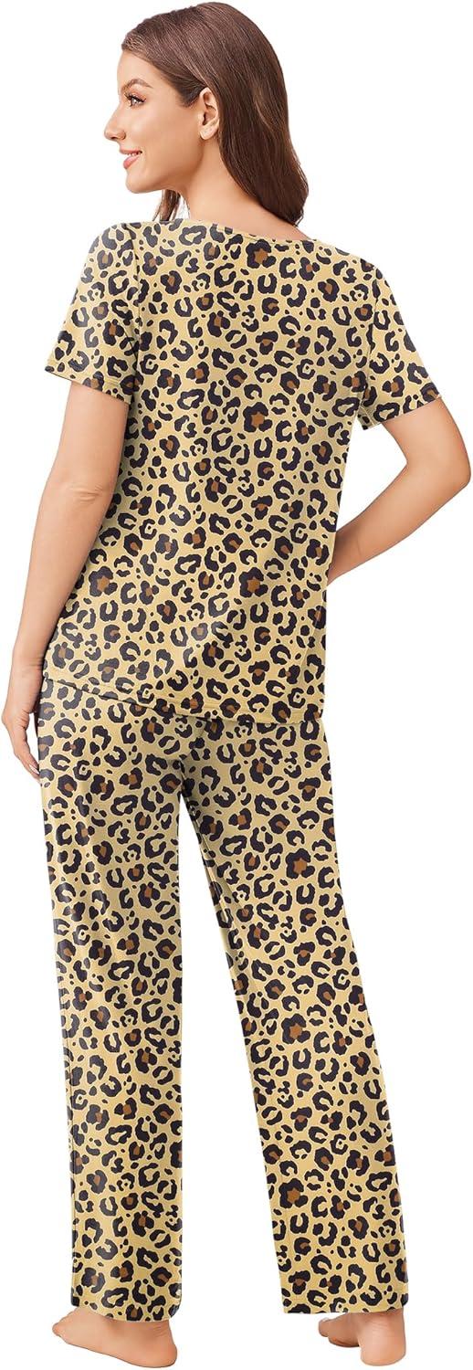 imageEkouaer Pajama Sets for Women 2 Pack Short Sleeve with Long Pant Pjs Sleepwear Comfy Lounge Sets with PocketsBlack StripedBrown Leopard