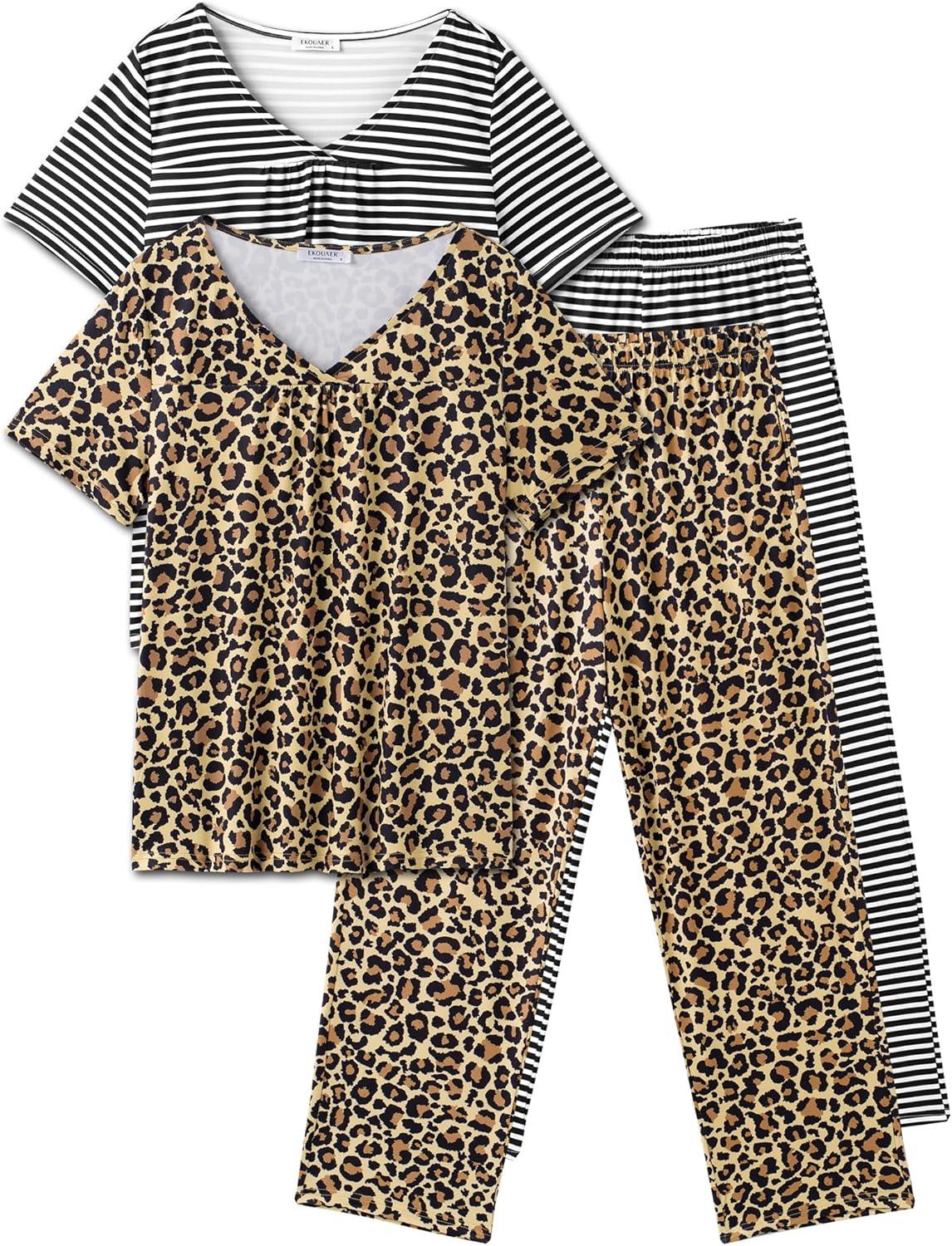 imageEkouaer Pajama Sets for Women 2 Pack Short Sleeve with Long Pant Pjs Sleepwear Comfy Lounge Sets with PocketsBlack StripedBrown Leopard