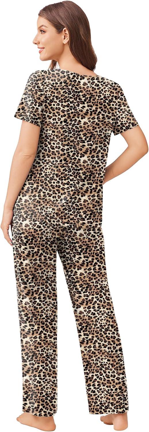 imageEkouaer Pajama Sets for Women 2 Pack Short Sleeve with Long Pant Pjs Sleepwear Comfy Lounge Sets with PocketsBlackBrown Leopard