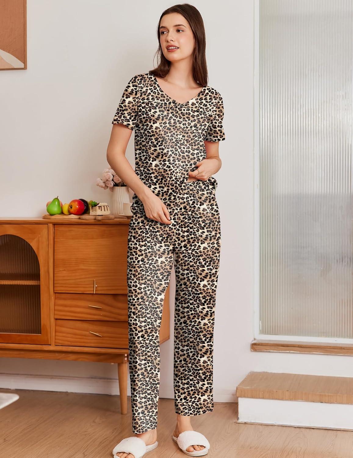 imageEkouaer Pajama Sets for Women 2 Pack Short Sleeve with Long Pant Pjs Sleepwear Comfy Lounge Sets with PocketsBlackBrown Leopard