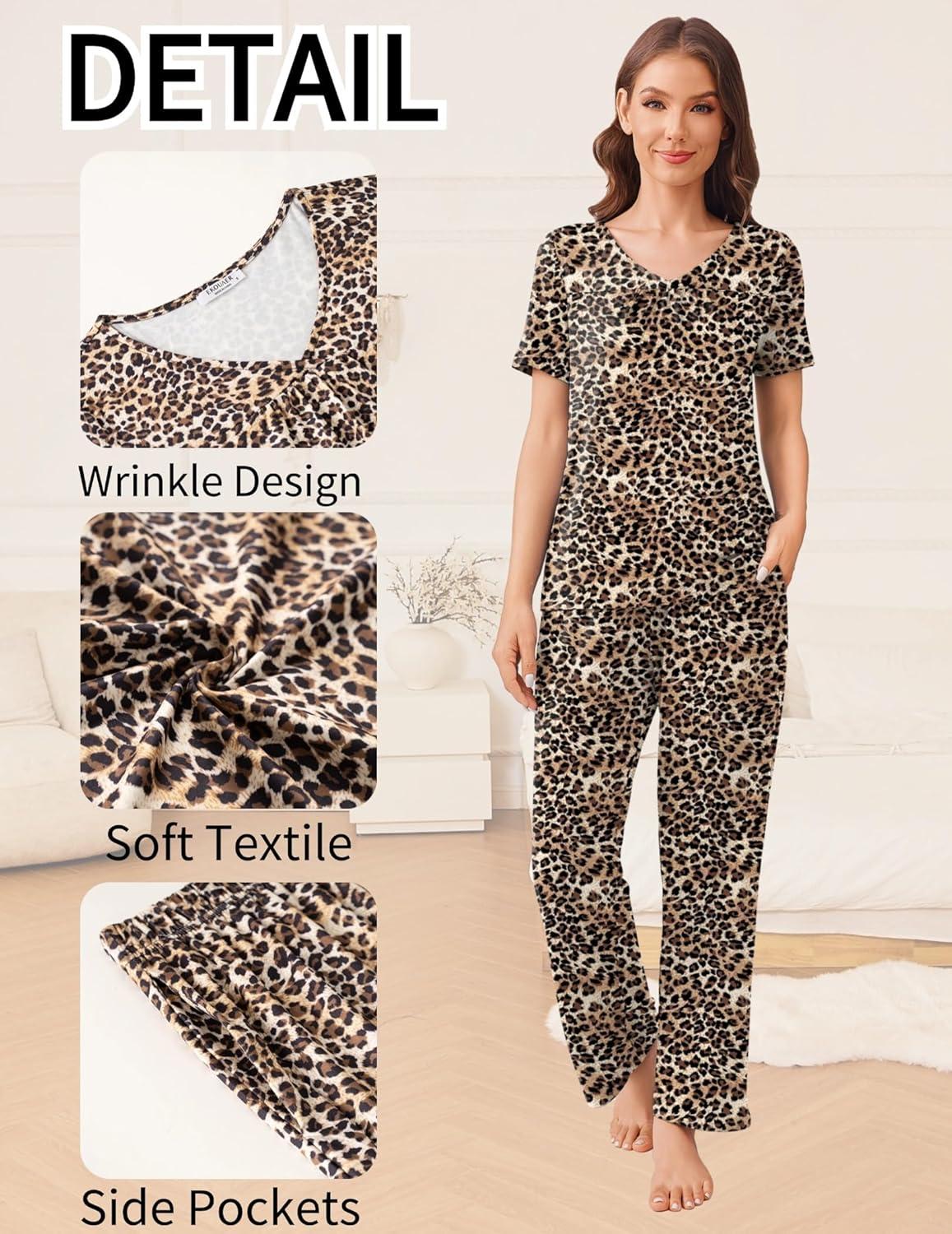 imageEkouaer Pajama Sets for Women 2 Pack Short Sleeve with Long Pant Pjs Sleepwear Comfy Lounge Sets with PocketsBlackBrown Leopard