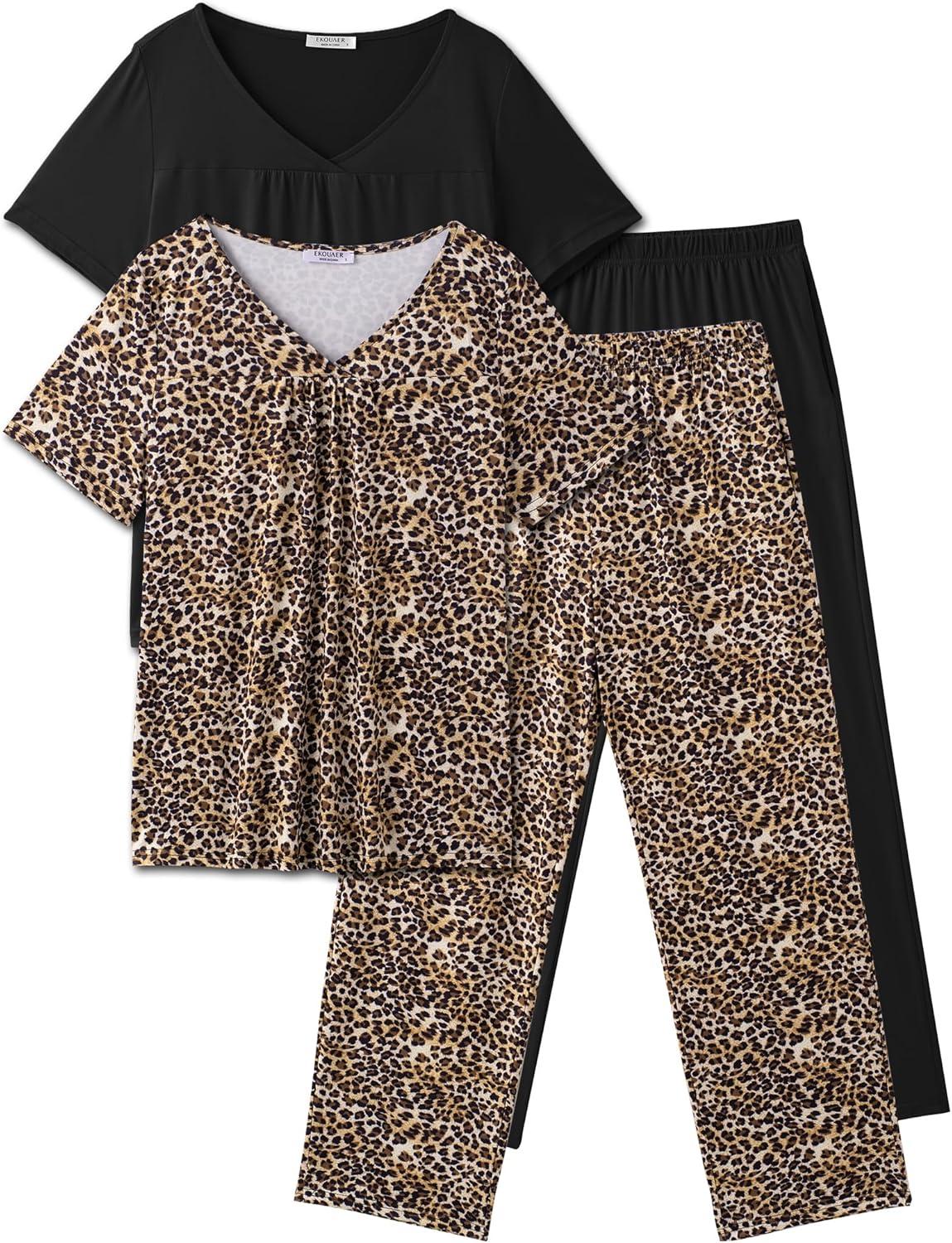 imageEkouaer Pajama Sets for Women 2 Pack Short Sleeve with Long Pant Pjs Sleepwear Comfy Lounge Sets with PocketsBlackBrown Leopard