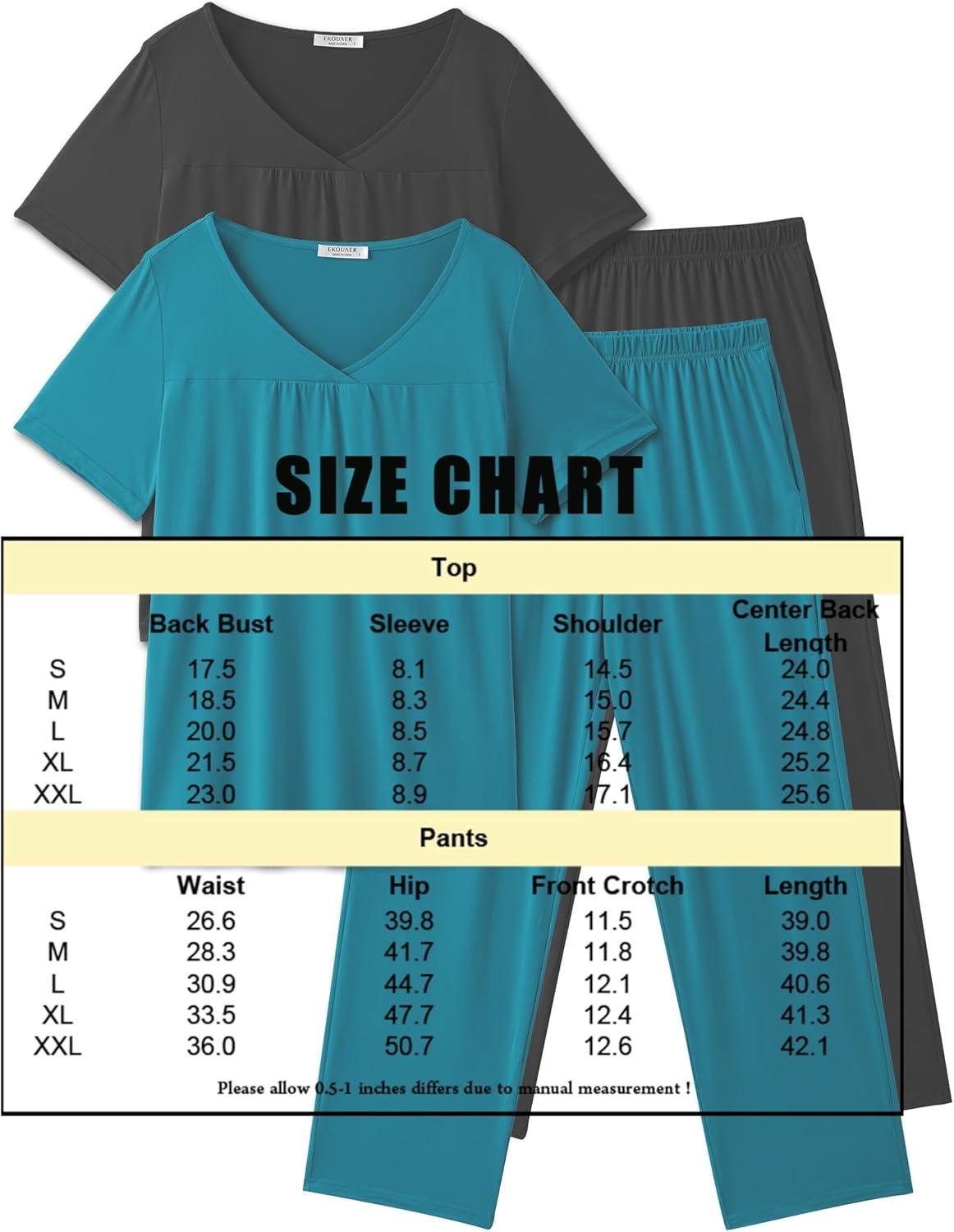 imageEkouaer Pajama Sets for Women 2 Pack Short Sleeve with Long Pant Pjs Sleepwear Comfy Lounge Sets with PocketsBlue GreenBlack