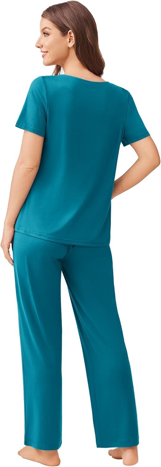 imageEkouaer Pajama Sets for Women 2 Pack Short Sleeve with Long Pant Pjs Sleepwear Comfy Lounge Sets with PocketsBlue GreenBlack