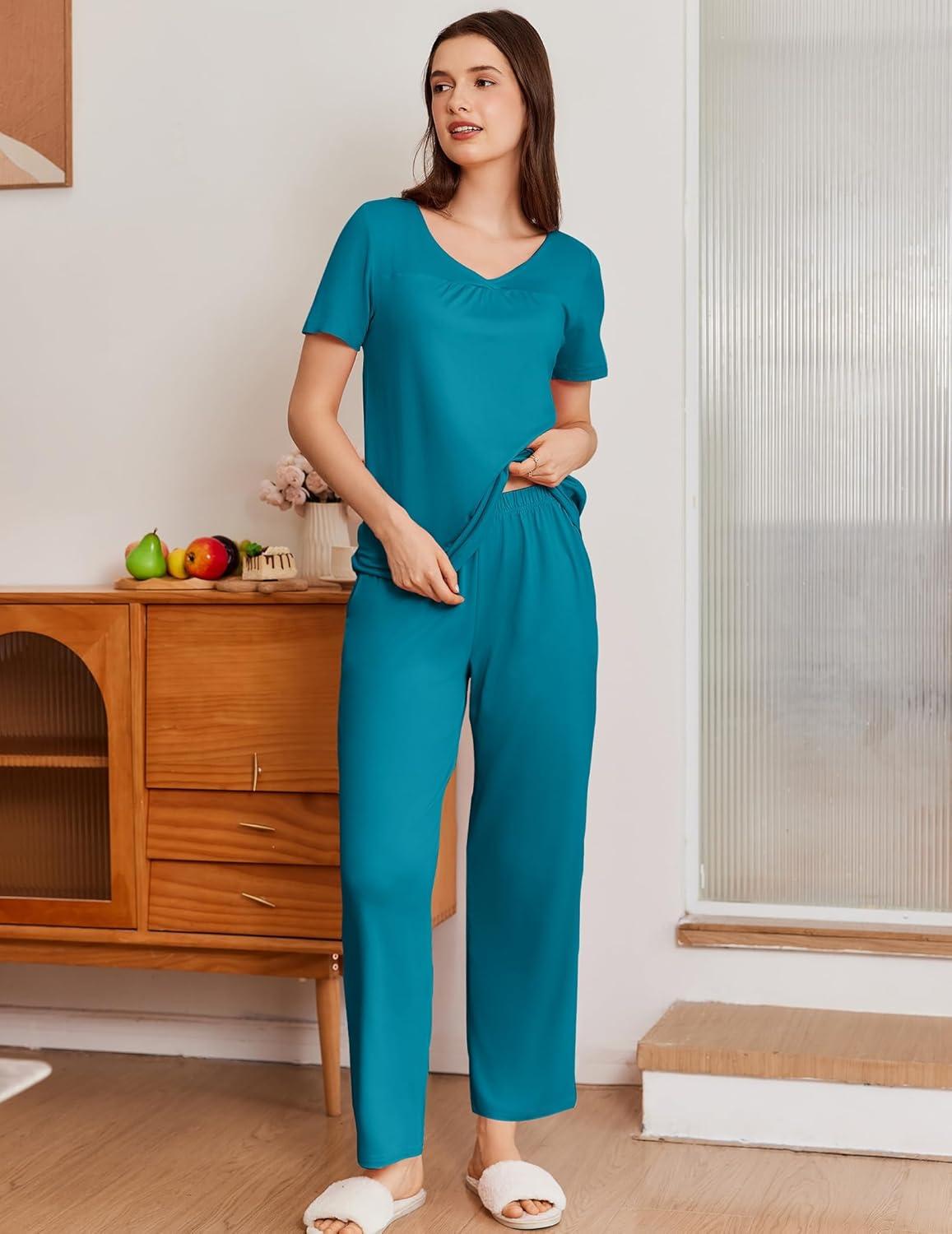 imageEkouaer Pajama Sets for Women 2 Pack Short Sleeve with Long Pant Pjs Sleepwear Comfy Lounge Sets with PocketsBlue GreenBlack