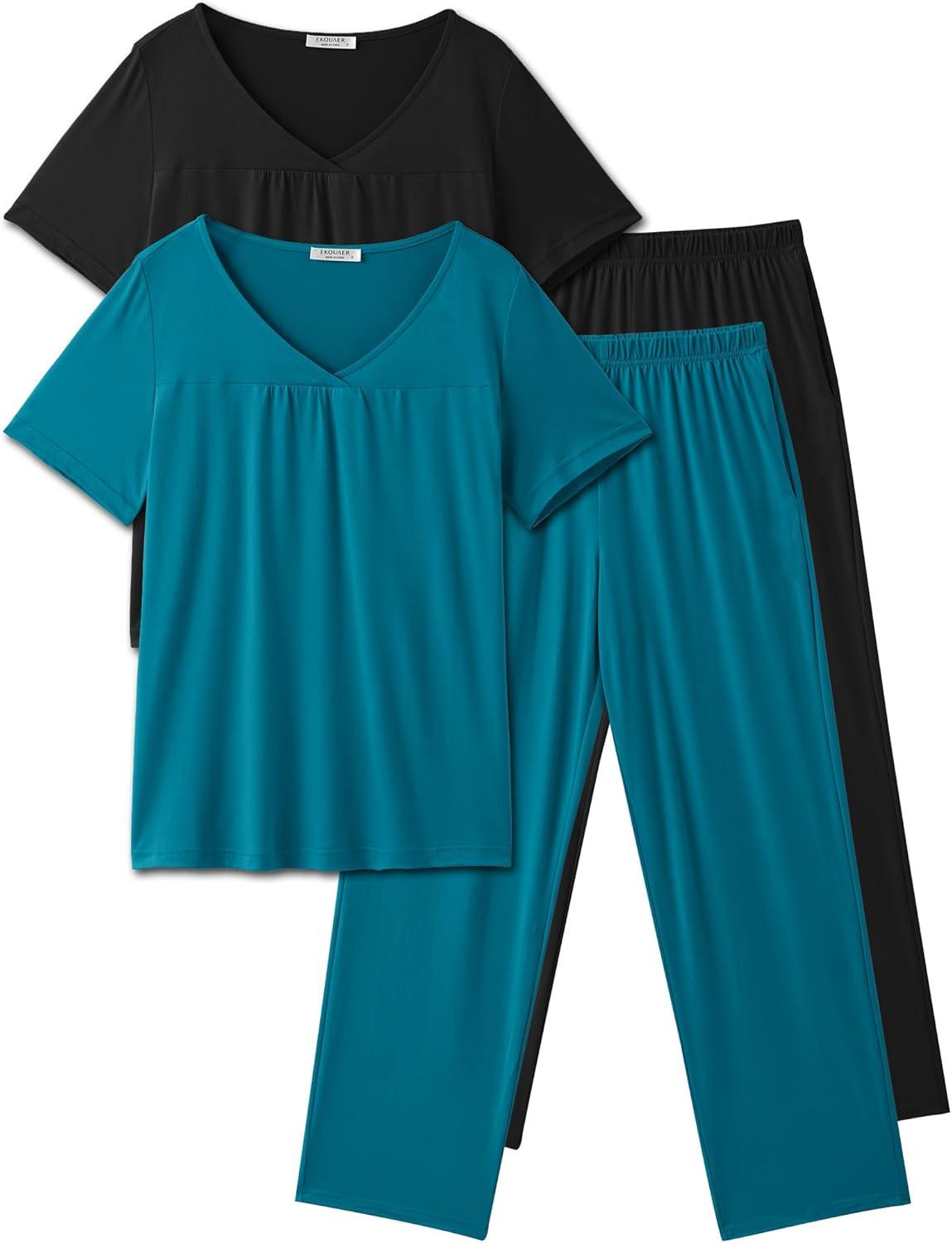 imageEkouaer Pajama Sets for Women 2 Pack Short Sleeve with Long Pant Pjs Sleepwear Comfy Lounge Sets with PocketsBlue GreenBlack