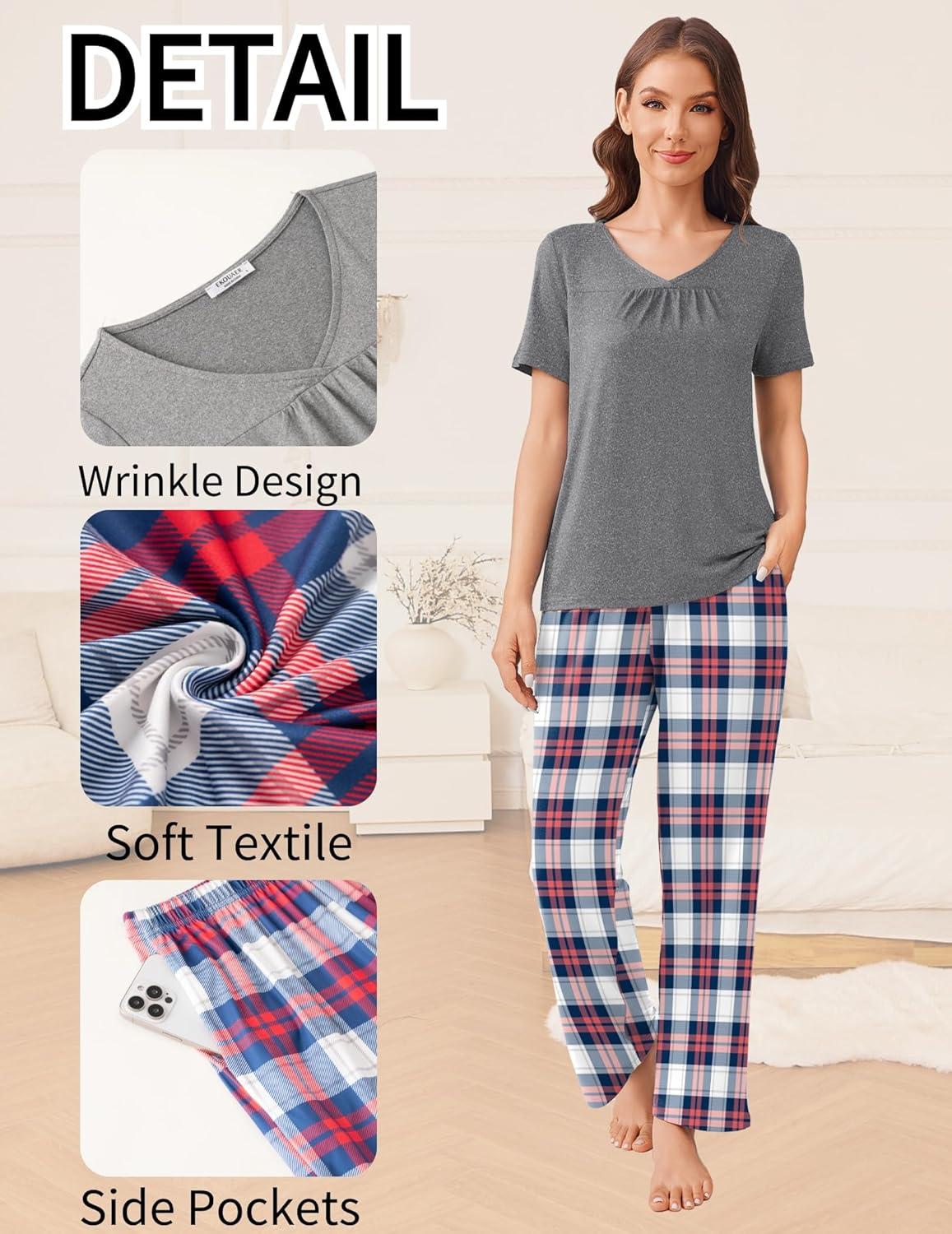 imageEkouaer Pajama Sets for Women 2 Pack Short Sleeve with Long Pant Pjs Sleepwear Comfy Lounge Sets with PocketsDark GrayLight Pink