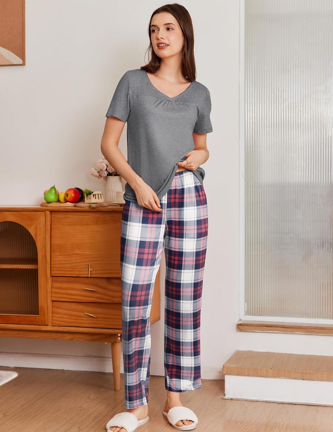 imageEkouaer Pajama Sets for Women 2 Pack Short Sleeve with Long Pant Pjs Sleepwear Comfy Lounge Sets with PocketsDark GrayLight Pink