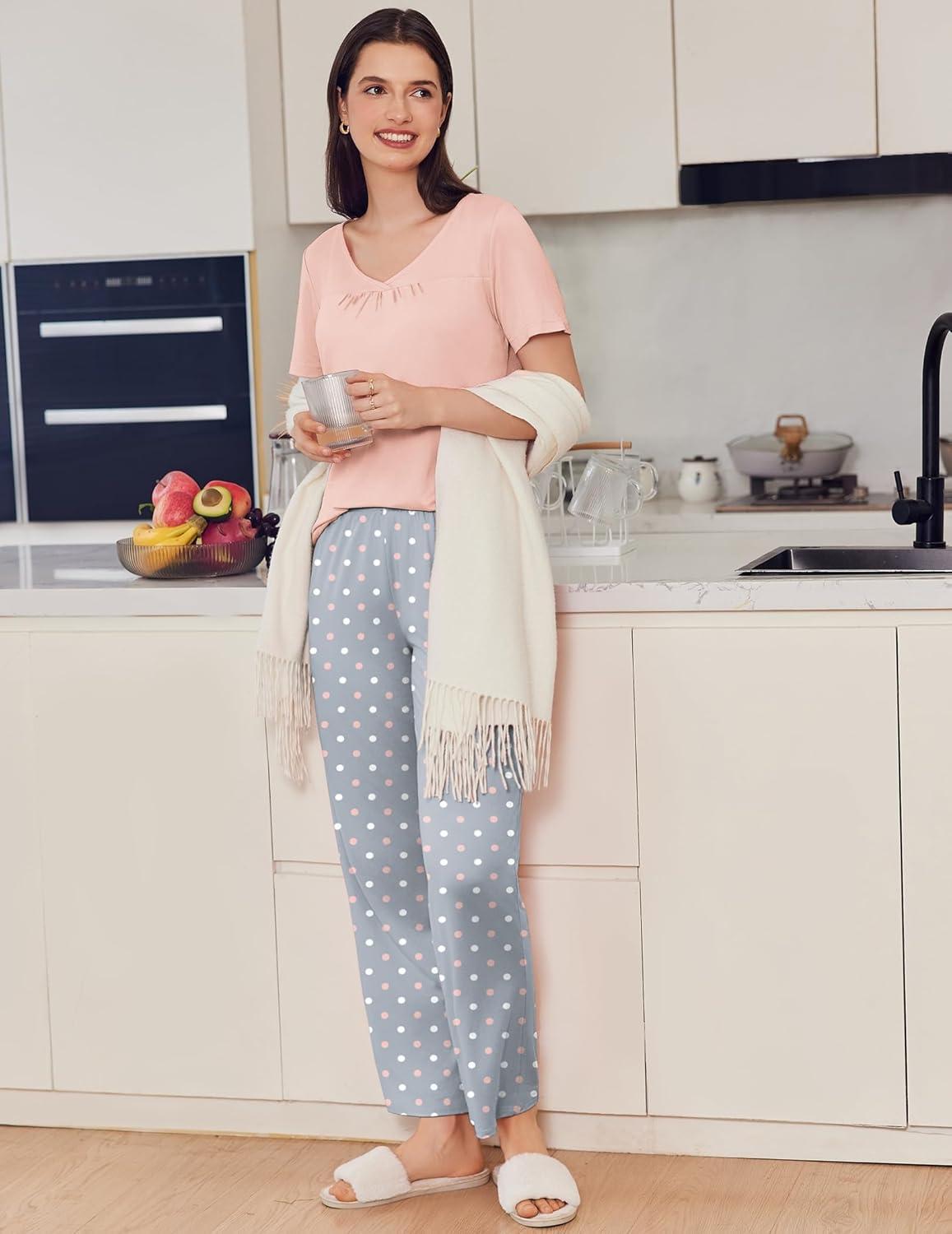 imageEkouaer Pajama Sets for Women 2 Pack Short Sleeve with Long Pant Pjs Sleepwear Comfy Lounge Sets with PocketsDark GrayLight Pink
