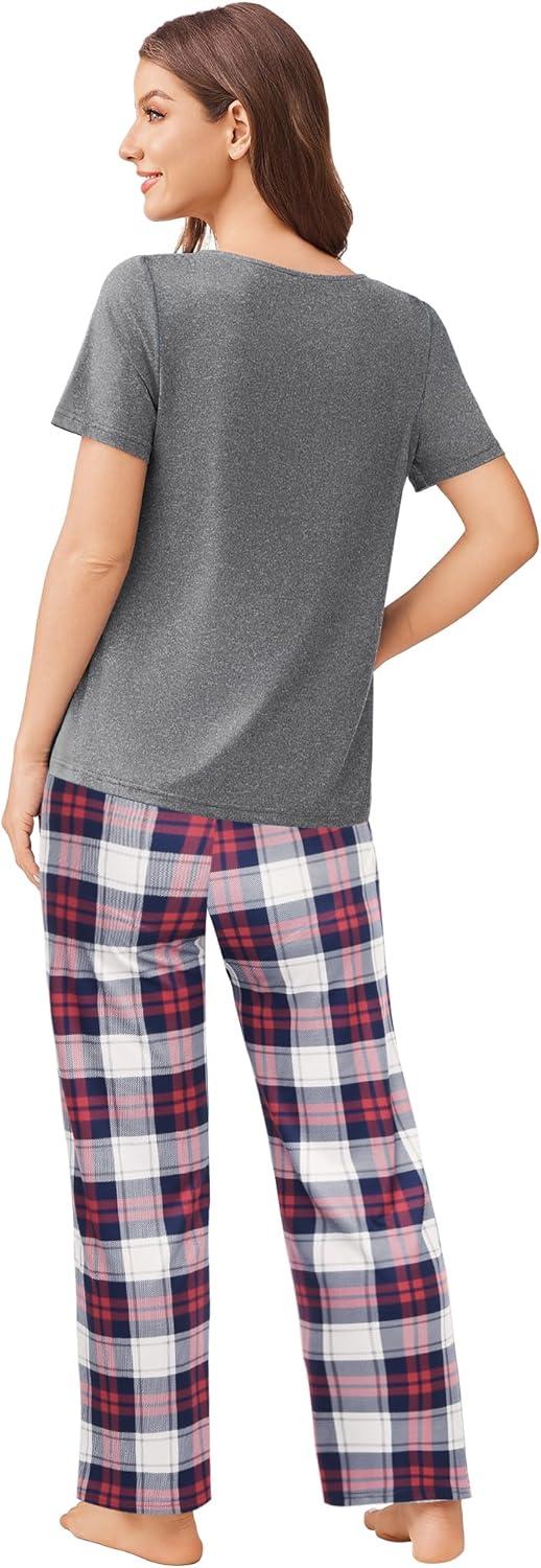 imageEkouaer Pajama Sets for Women 2 Pack Short Sleeve with Long Pant Pjs Sleepwear Comfy Lounge Sets with PocketsDark GrayLight Pink