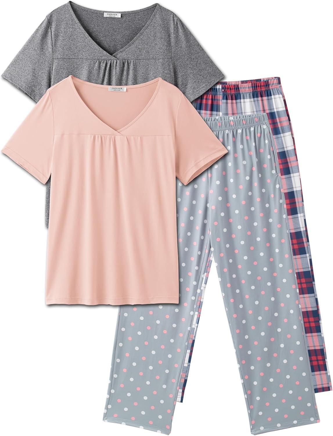 imageEkouaer Pajama Sets for Women 2 Pack Short Sleeve with Long Pant Pjs Sleepwear Comfy Lounge Sets with PocketsDark GrayLight Pink