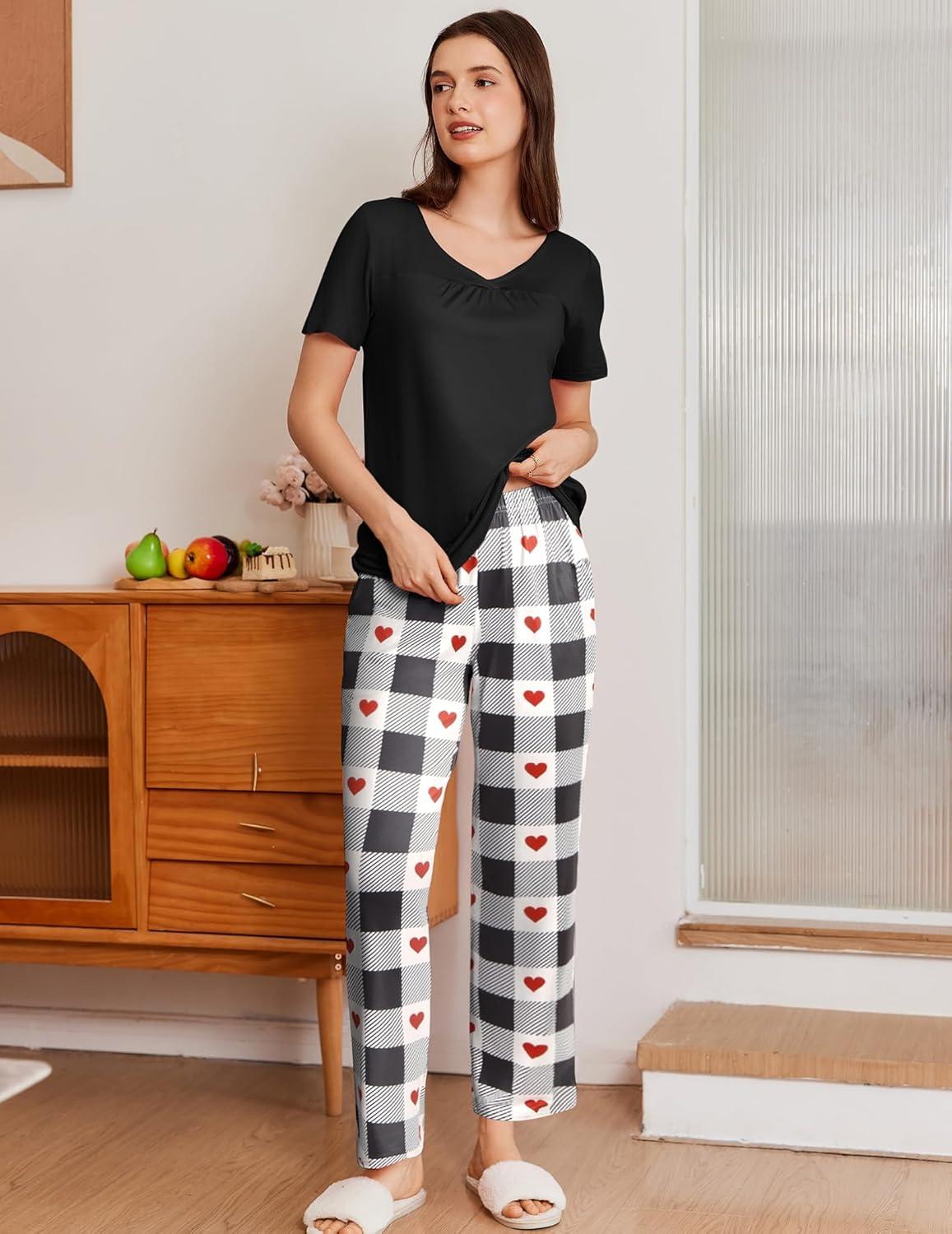 imageEkouaer Pajama Sets for Women 2 Pack Short Sleeve with Long Pant Pjs Sleepwear Comfy Lounge Sets with PocketsGreyBlack White