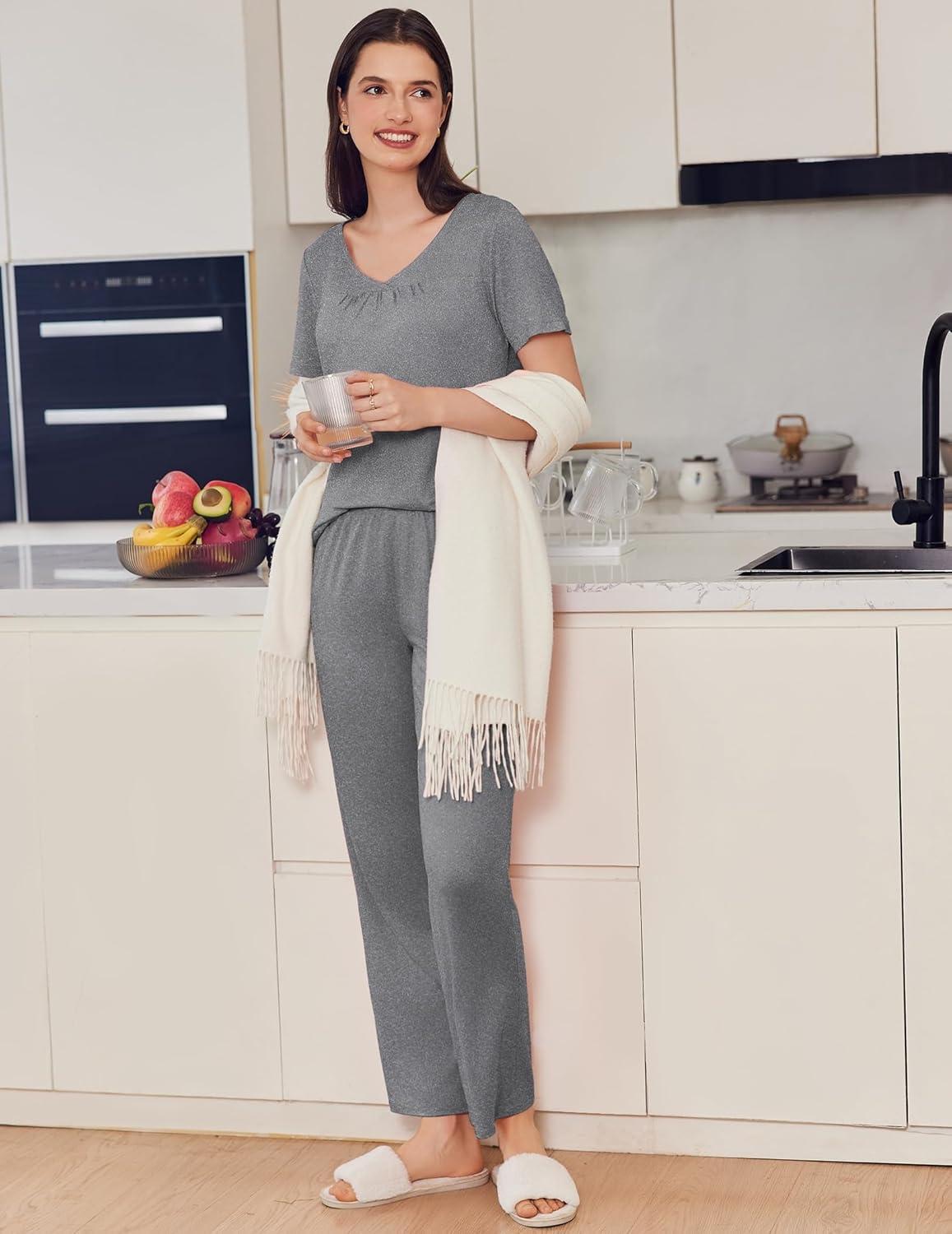 imageEkouaer Pajama Sets for Women 2 Pack Short Sleeve with Long Pant Pjs Sleepwear Comfy Lounge Sets with PocketsGreyBlack White