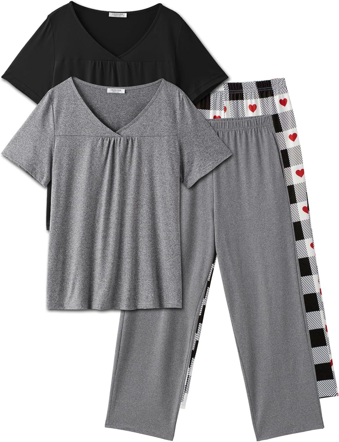 imageEkouaer Pajama Sets for Women 2 Pack Short Sleeve with Long Pant Pjs Sleepwear Comfy Lounge Sets with PocketsGreyBlack White