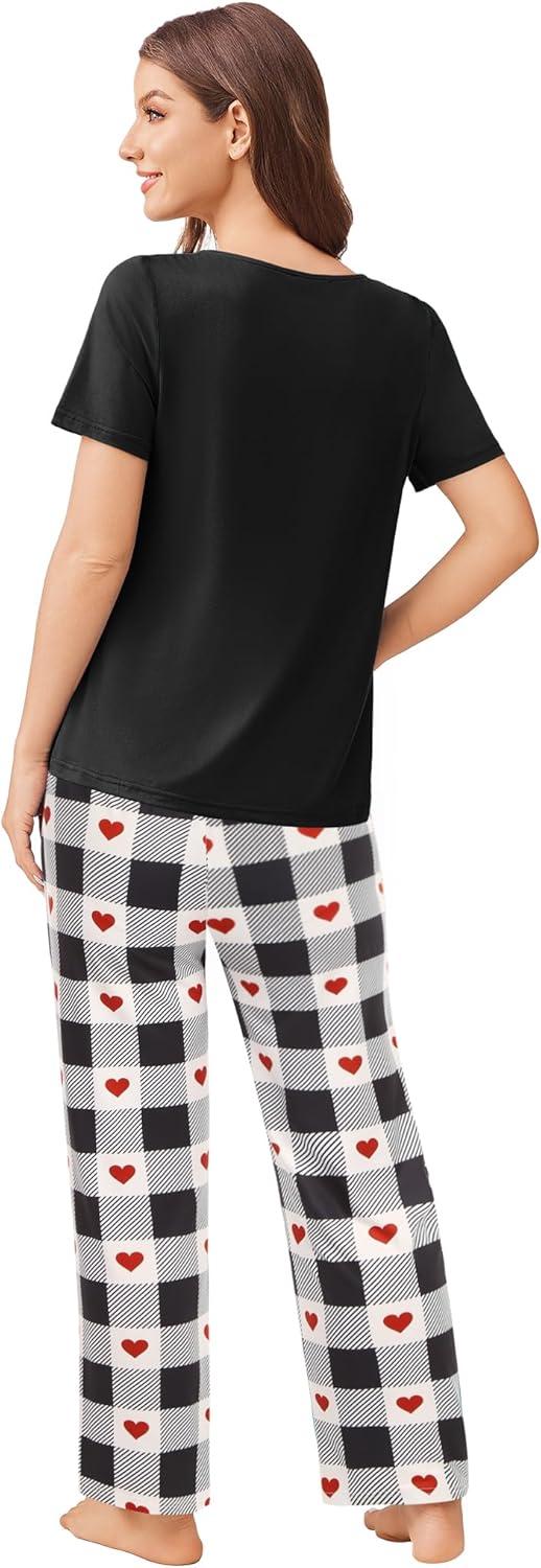 imageEkouaer Pajama Sets for Women 2 Pack Short Sleeve with Long Pant Pjs Sleepwear Comfy Lounge Sets with PocketsGreyBlack White