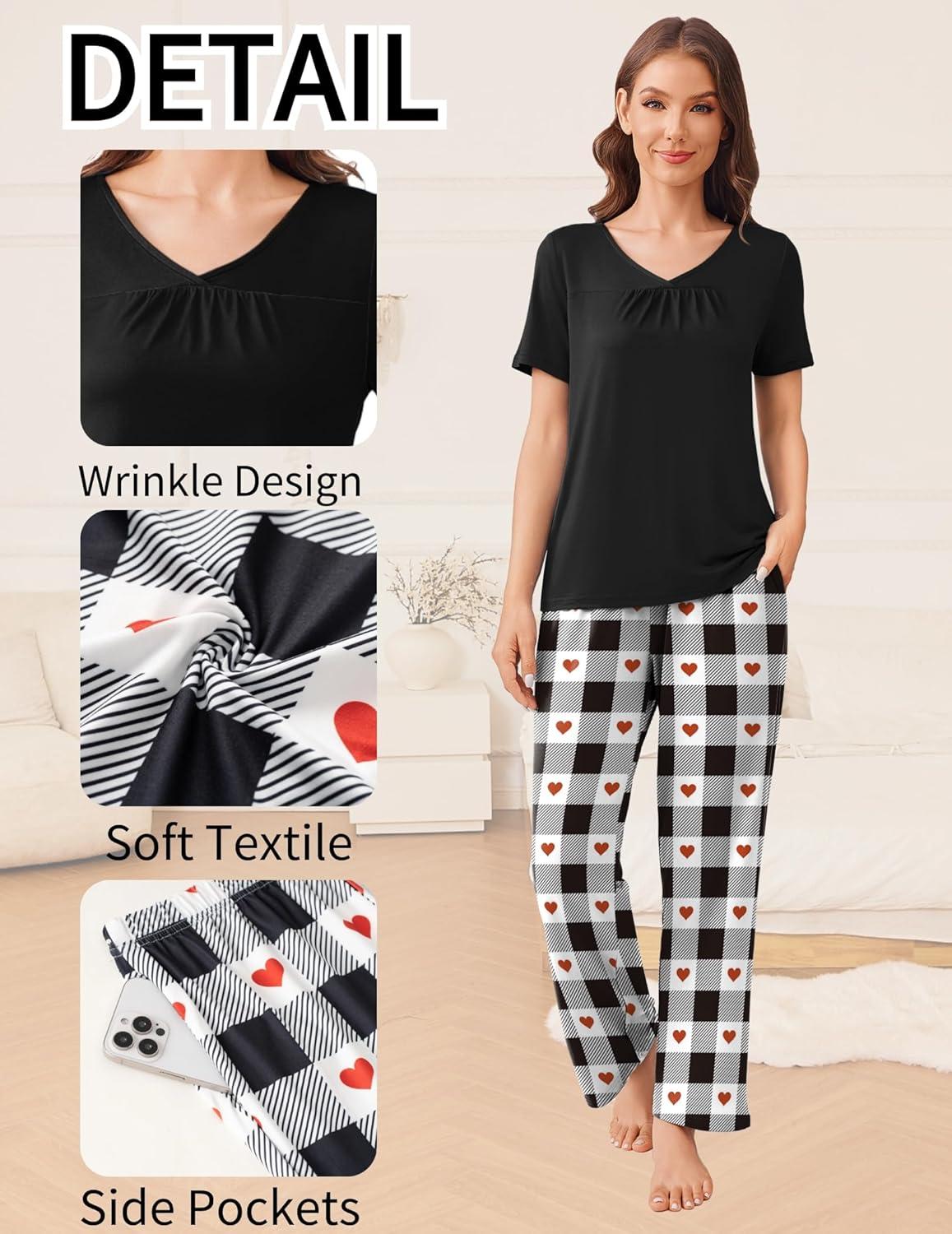 imageEkouaer Pajama Sets for Women 2 Pack Short Sleeve with Long Pant Pjs Sleepwear Comfy Lounge Sets with PocketsGreyBlack White