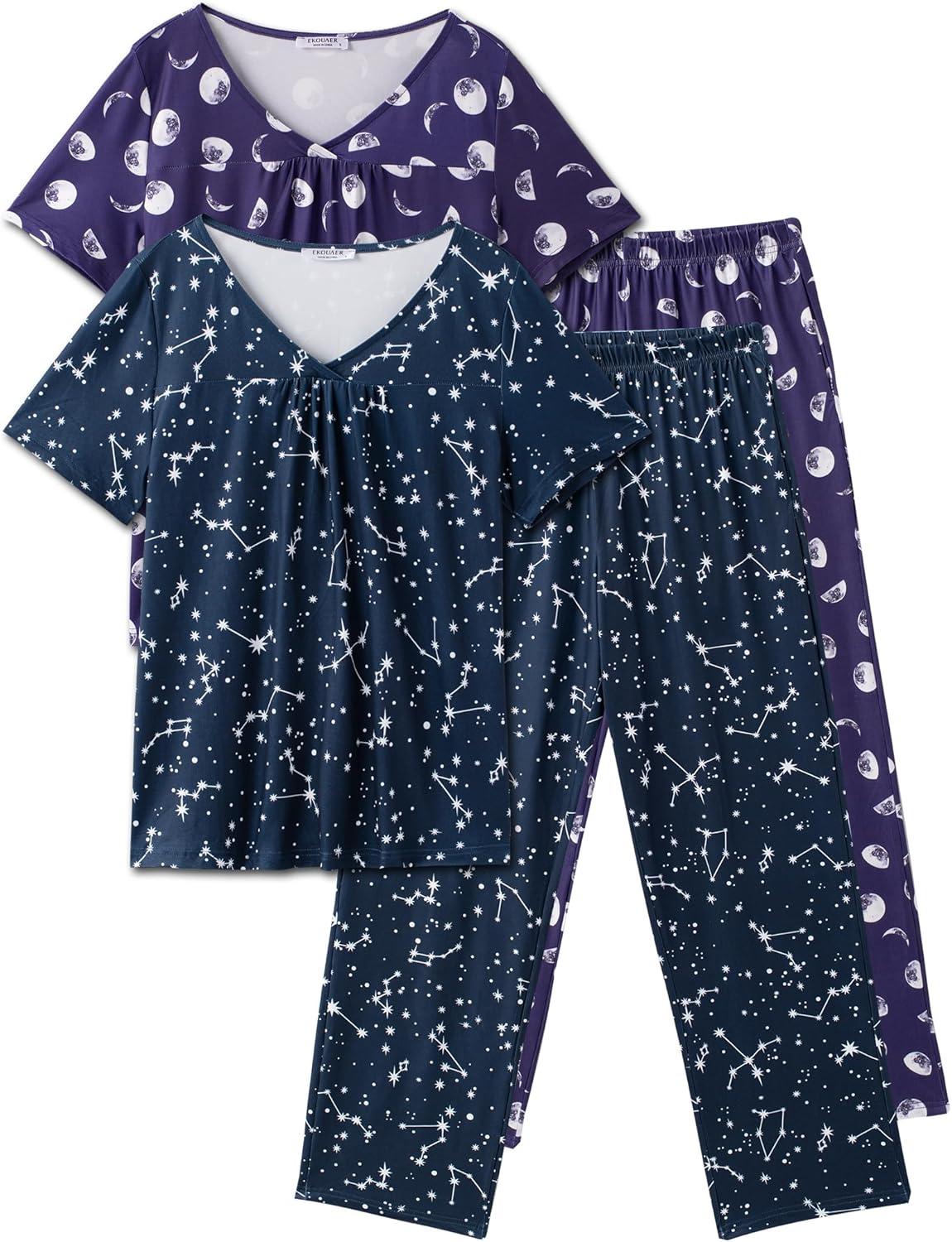 imageEkouaer Pajama Sets for Women 2 Pack Short Sleeve with Long Pant Pjs Sleepwear Comfy Lounge Sets with PocketsNavy MoonBlue Stars