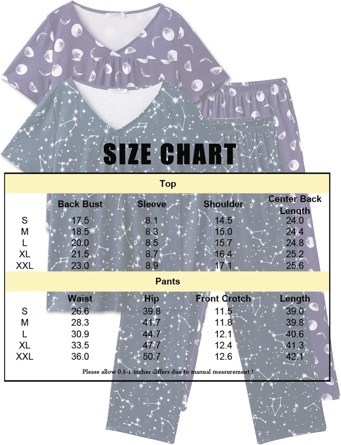 imageEkouaer Pajama Sets for Women 2 Pack Short Sleeve with Long Pant Pjs Sleepwear Comfy Lounge Sets with PocketsNavy MoonBlue Stars