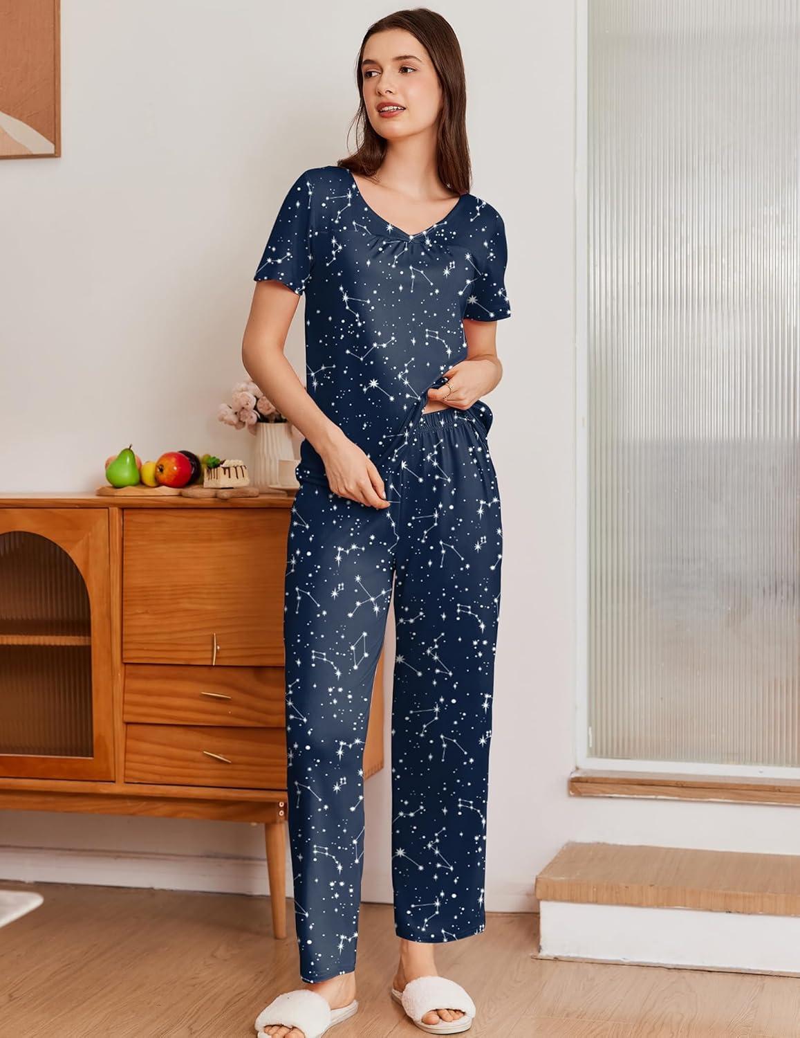imageEkouaer Pajama Sets for Women 2 Pack Short Sleeve with Long Pant Pjs Sleepwear Comfy Lounge Sets with PocketsNavy MoonBlue Stars