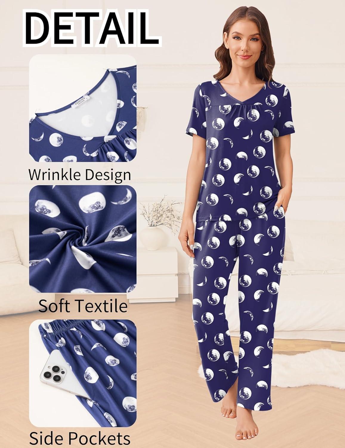 imageEkouaer Pajama Sets for Women 2 Pack Short Sleeve with Long Pant Pjs Sleepwear Comfy Lounge Sets with PocketsNavy MoonBlue Stars