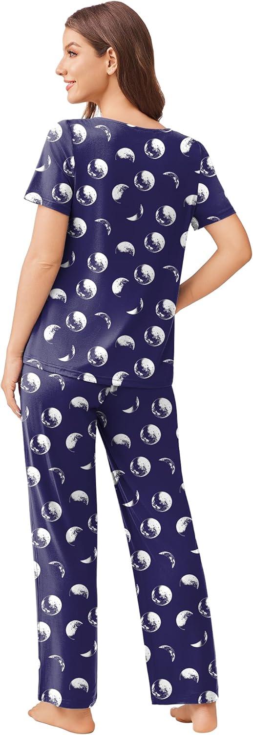 imageEkouaer Pajama Sets for Women 2 Pack Short Sleeve with Long Pant Pjs Sleepwear Comfy Lounge Sets with PocketsNavy MoonBlue Stars
