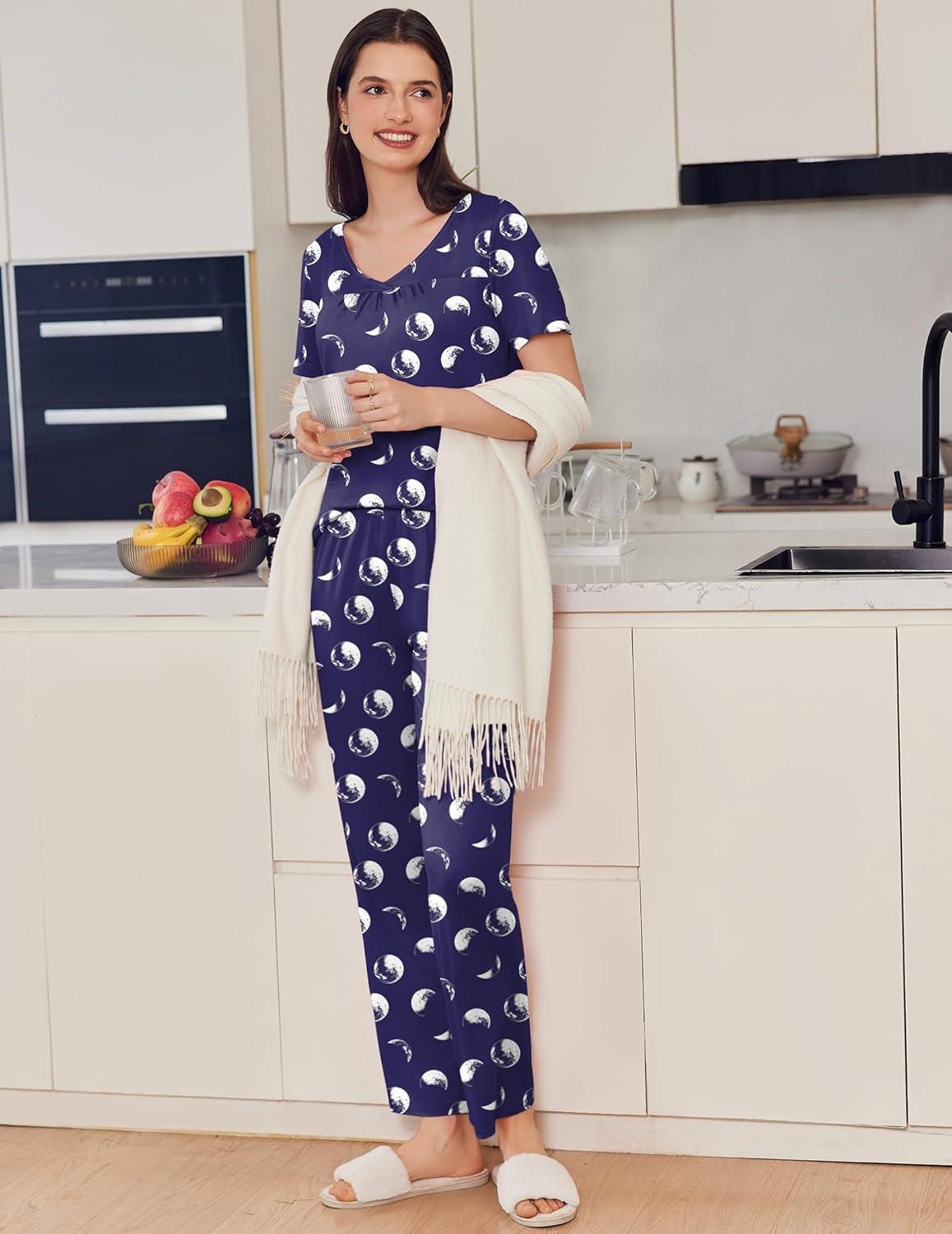 imageEkouaer Pajama Sets for Women 2 Pack Short Sleeve with Long Pant Pjs Sleepwear Comfy Lounge Sets with PocketsNavy MoonBlue Stars