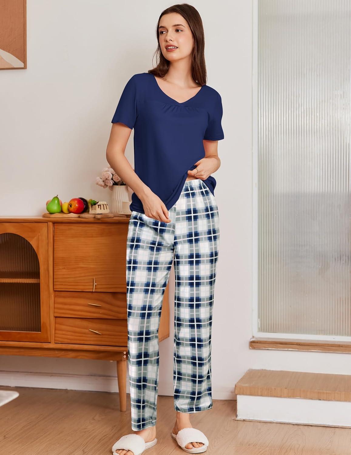 imageEkouaer Pajama Sets for Women 2 Pack Short Sleeve with Long Pant Pjs Sleepwear Comfy Lounge Sets with PocketsNavyGrey Blue