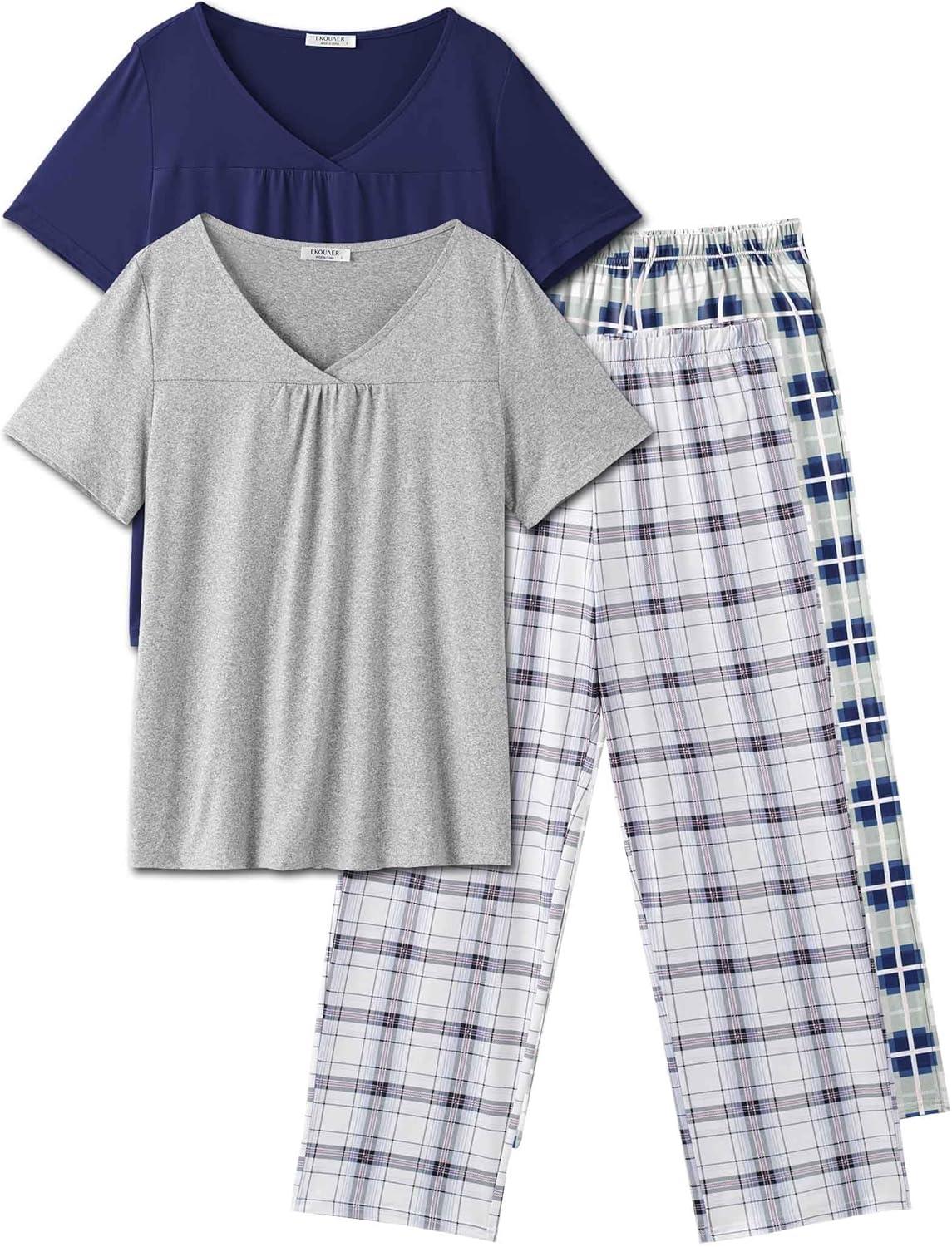 imageEkouaer Pajama Sets for Women 2 Pack Short Sleeve with Long Pant Pjs Sleepwear Comfy Lounge Sets with PocketsNavyGrey Blue