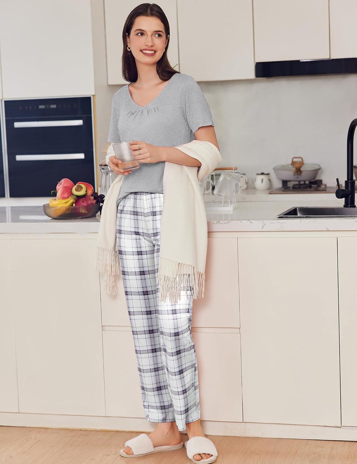 imageEkouaer Pajama Sets for Women 2 Pack Short Sleeve with Long Pant Pjs Sleepwear Comfy Lounge Sets with PocketsNavyGrey Blue
