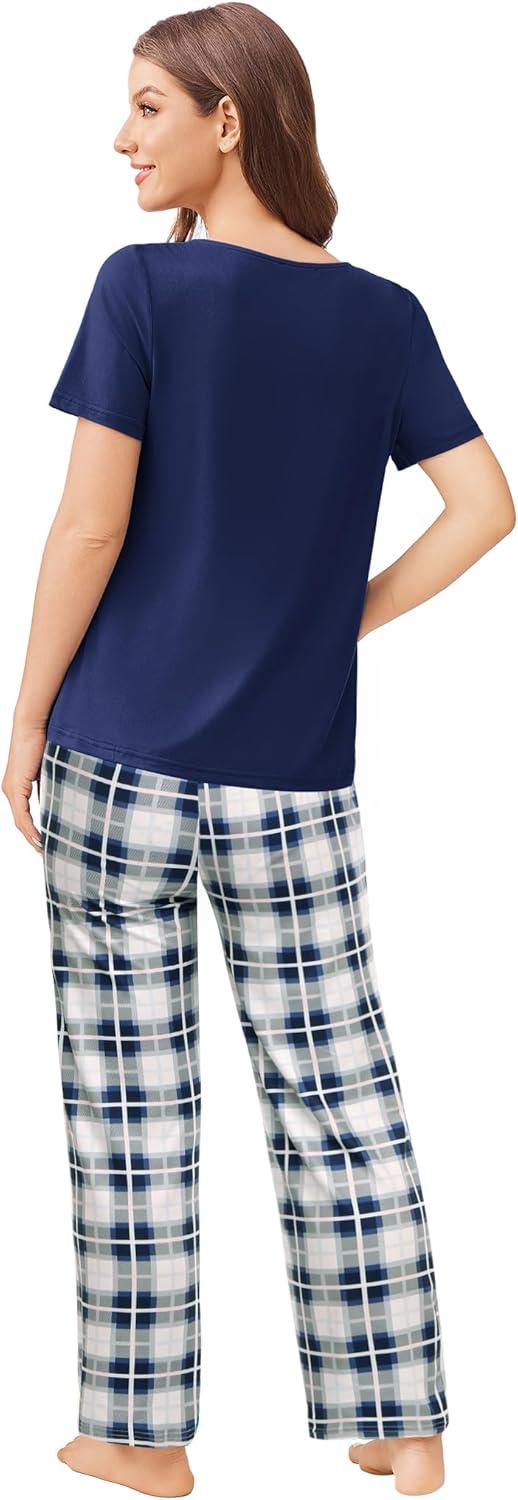 imageEkouaer Pajama Sets for Women 2 Pack Short Sleeve with Long Pant Pjs Sleepwear Comfy Lounge Sets with PocketsNavyGrey Blue