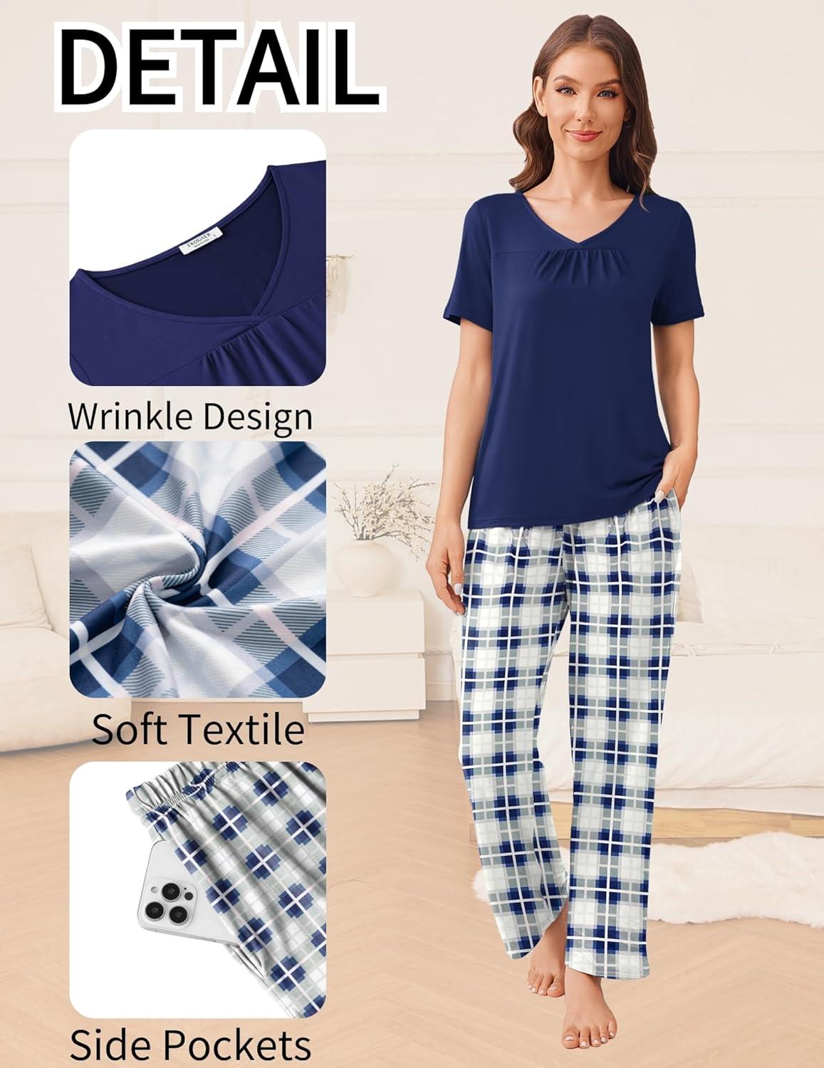 imageEkouaer Pajama Sets for Women 2 Pack Short Sleeve with Long Pant Pjs Sleepwear Comfy Lounge Sets with PocketsNavyGrey Blue
