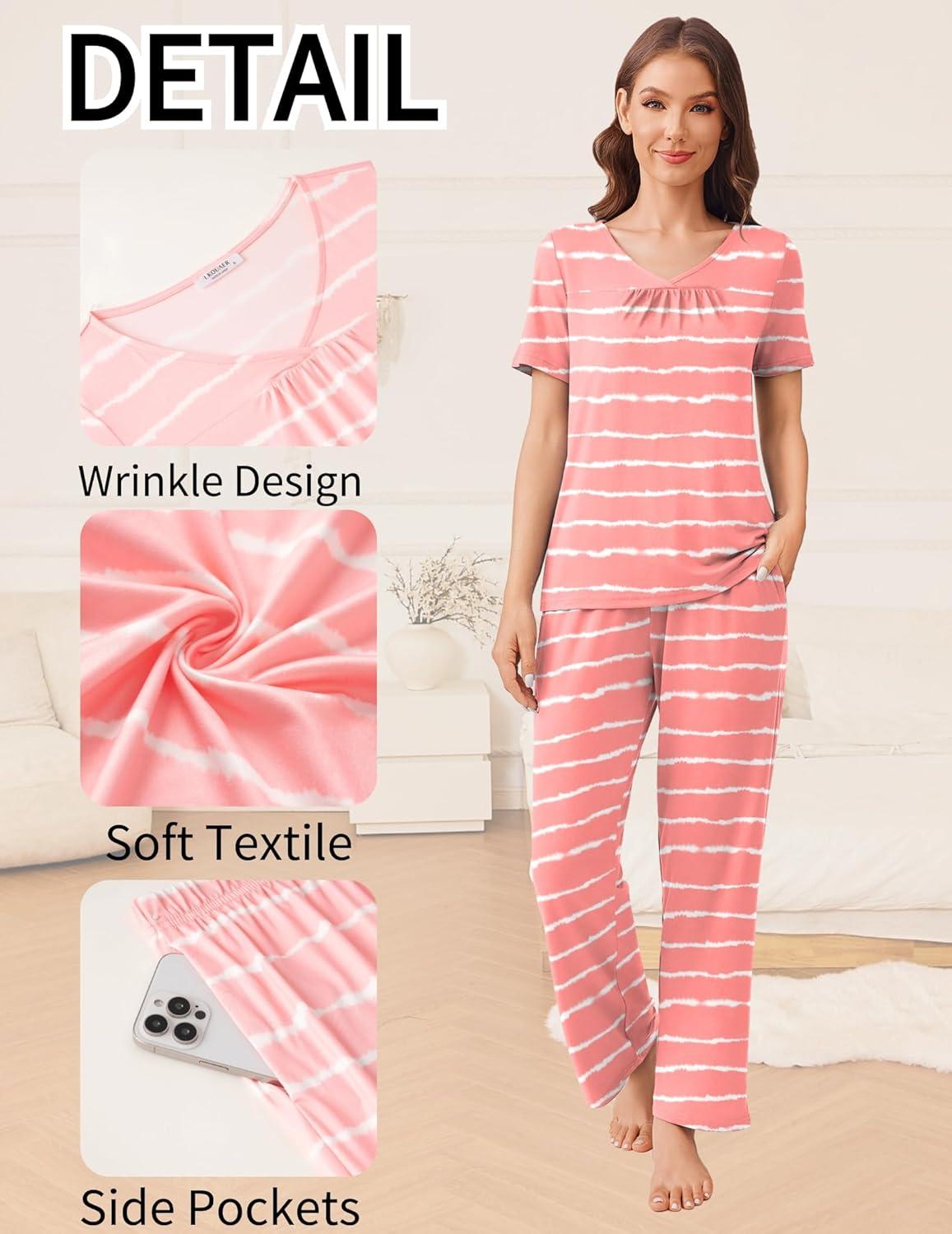 imageEkouaer Pajama Sets for Women 2 Pack Short Sleeve with Long Pant Pjs Sleepwear Comfy Lounge Sets with PocketsPink StripeGrey Stars