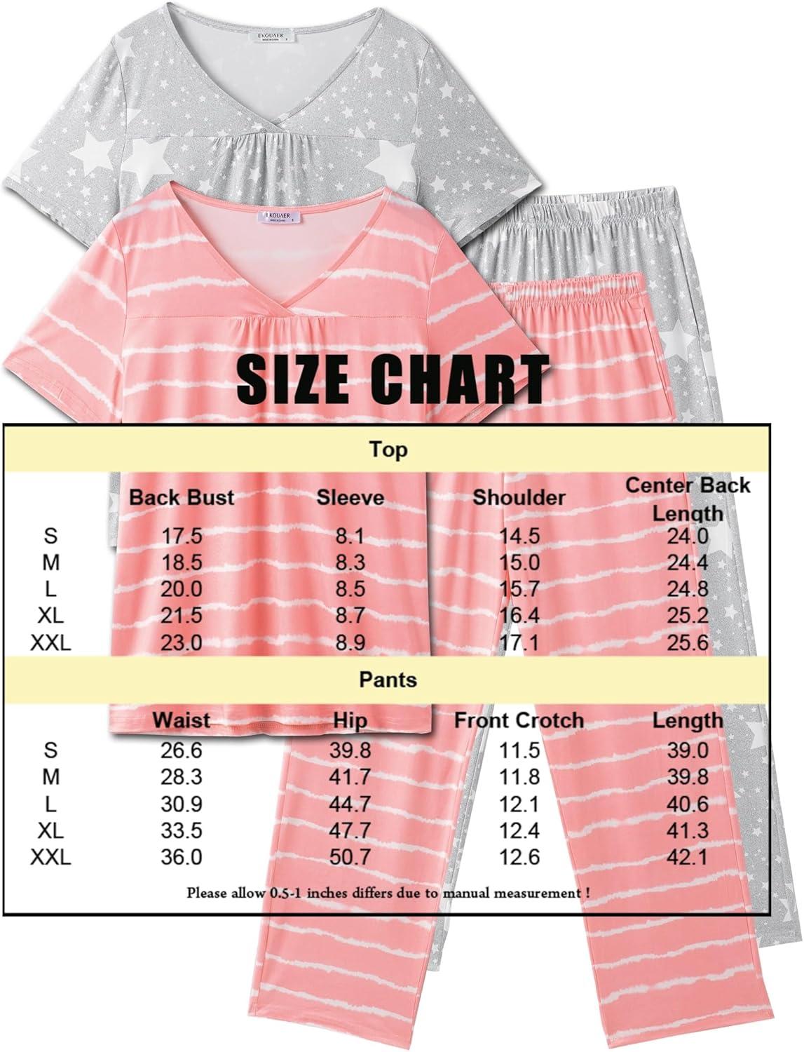 imageEkouaer Pajama Sets for Women 2 Pack Short Sleeve with Long Pant Pjs Sleepwear Comfy Lounge Sets with PocketsPink StripeGrey Stars