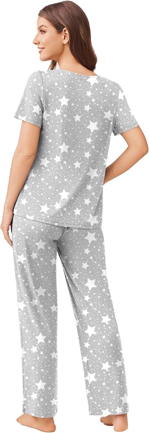 imageEkouaer Pajama Sets for Women 2 Pack Short Sleeve with Long Pant Pjs Sleepwear Comfy Lounge Sets with PocketsPink StripeGrey Stars