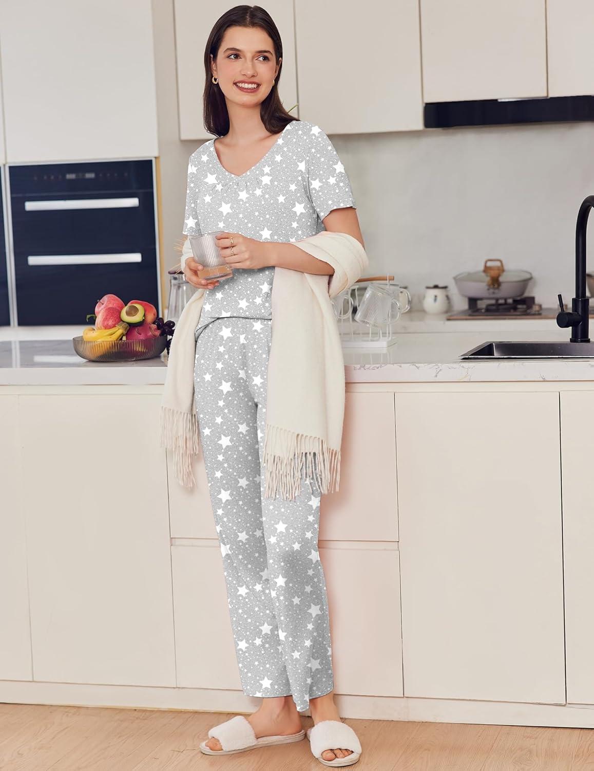 imageEkouaer Pajama Sets for Women 2 Pack Short Sleeve with Long Pant Pjs Sleepwear Comfy Lounge Sets with PocketsPink StripeGrey Stars