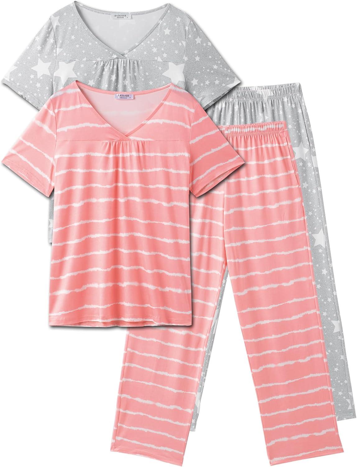 imageEkouaer Pajama Sets for Women 2 Pack Short Sleeve with Long Pant Pjs Sleepwear Comfy Lounge Sets with PocketsPink StripeGrey Stars
