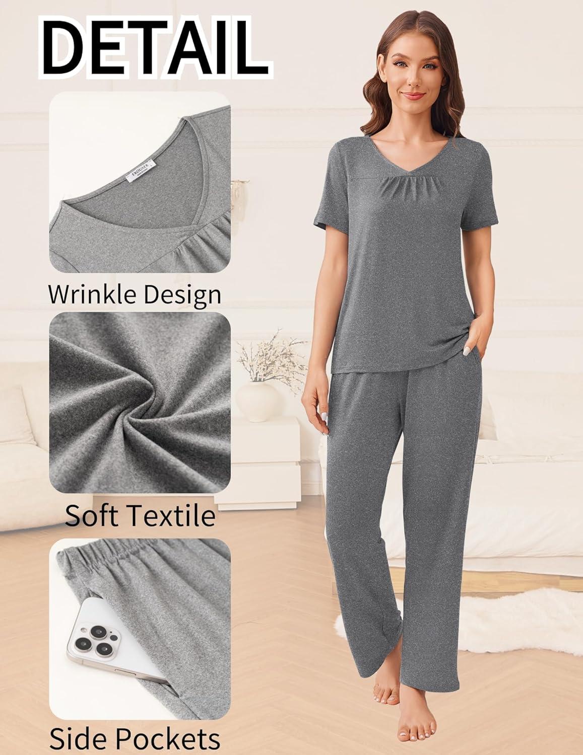 imageEkouaer Pajama Sets for Women 2 Pack Short Sleeve with Long Pant Pjs Sleepwear Comfy Lounge Sets with PocketsPinkGrey